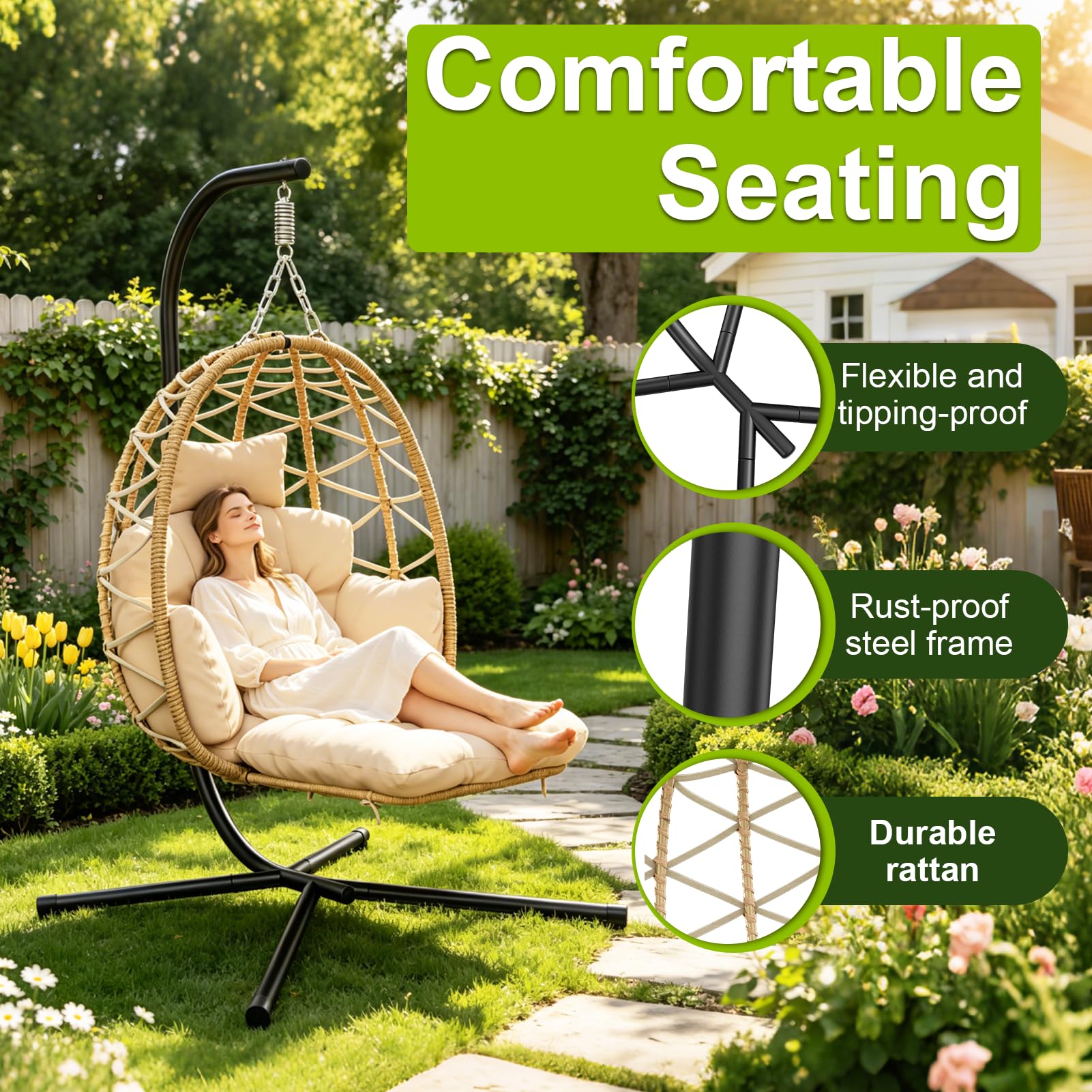 Silla Colgante con Estructura, Silla Colgante Huevo con Reposapiés, Desmontable Cojines Gruesos, Sillon Colgante para Interior & Exterior, Egg Chair Jardín, Balcón, Terraza, Hasta 150 kg - Beige