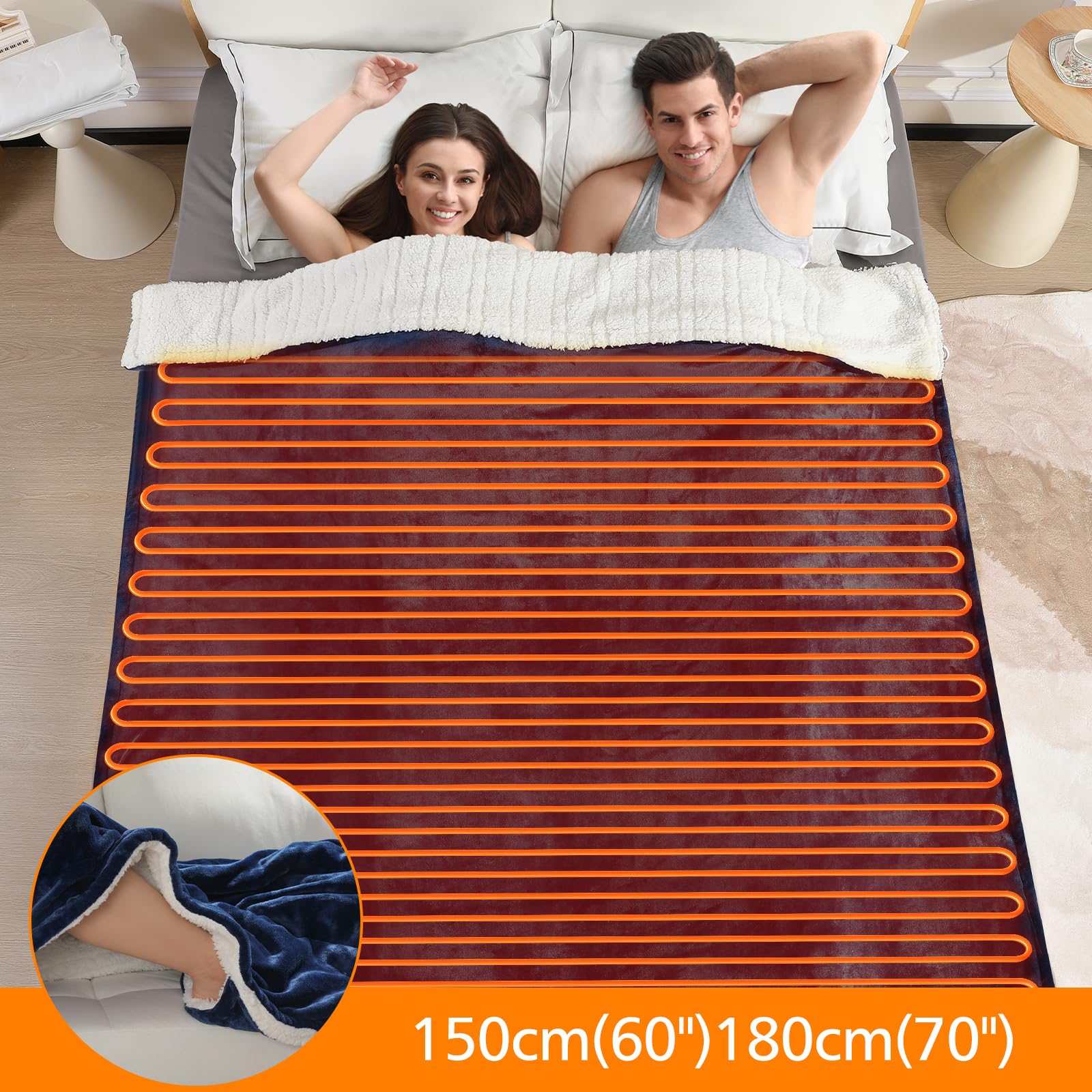 OneAmg Coperta Termica Elettrica,155x180cm con Tasca 6 Livelli di Riscaldamento,Timer 10H,Spegnimento Automatico Della Coperta Elettrica Telecomando Digitale,Lavabile in Lavatrice Blau