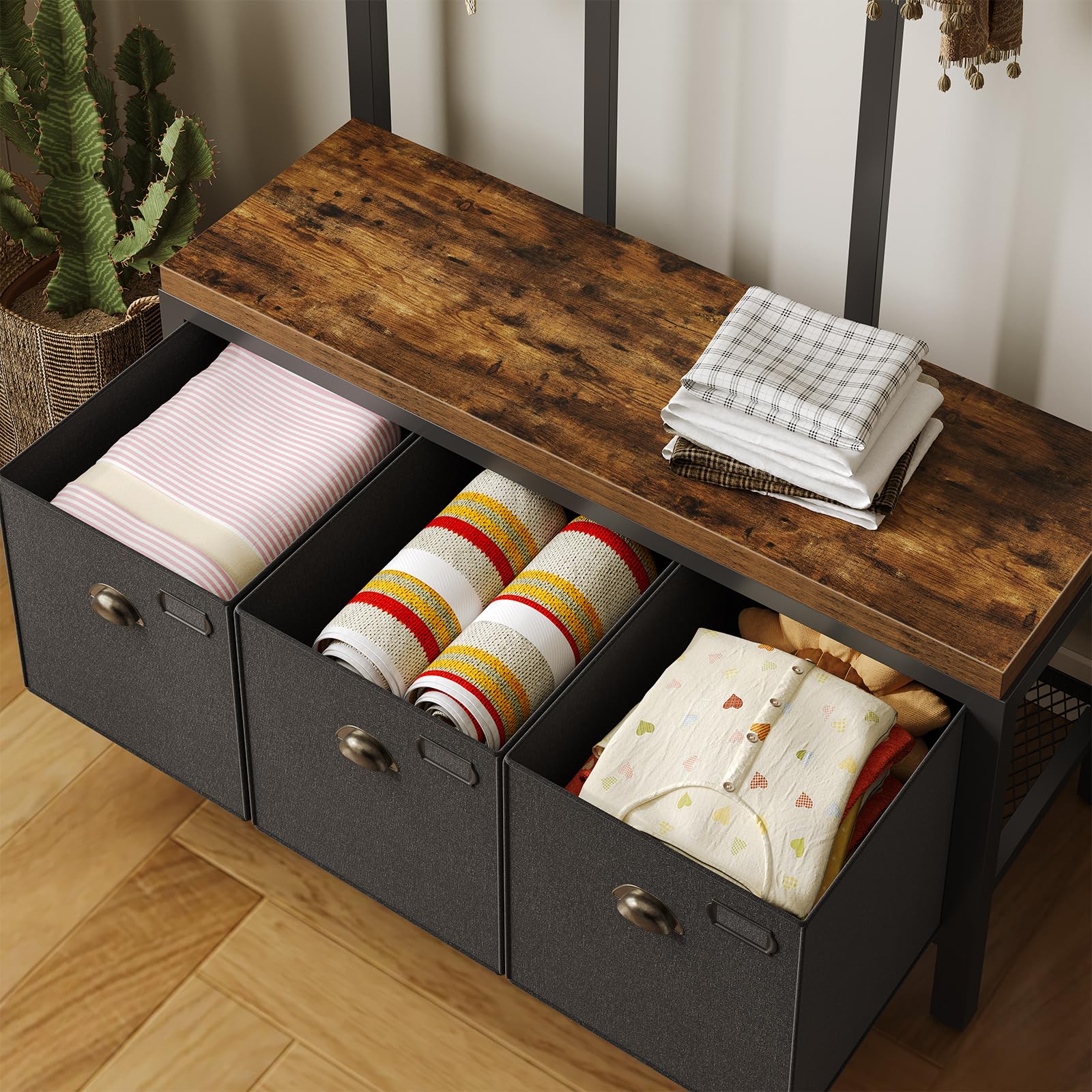 HOOBRO Perchero para Vestíbulo, Perchero de 12 Ganchos y 3 Cajones Organizadores, Banco Zapatero, Organizador de Entrada, para Sala de Estar, Dormitorio, Estable, Diseño Industrial EBF33MT01