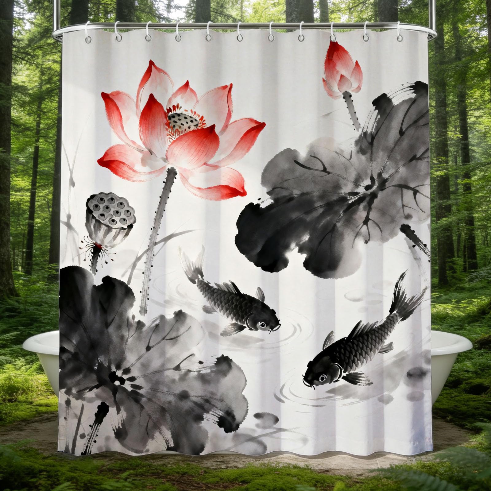 Hongduo White 3D Koi Carp Shower Curtain For Stalls Bathtubs Chinese Painting Bathroom Decor Shower Curtain Set Polyester Fabric Waterproof 180X180cm/71X71 Inch With Hooks