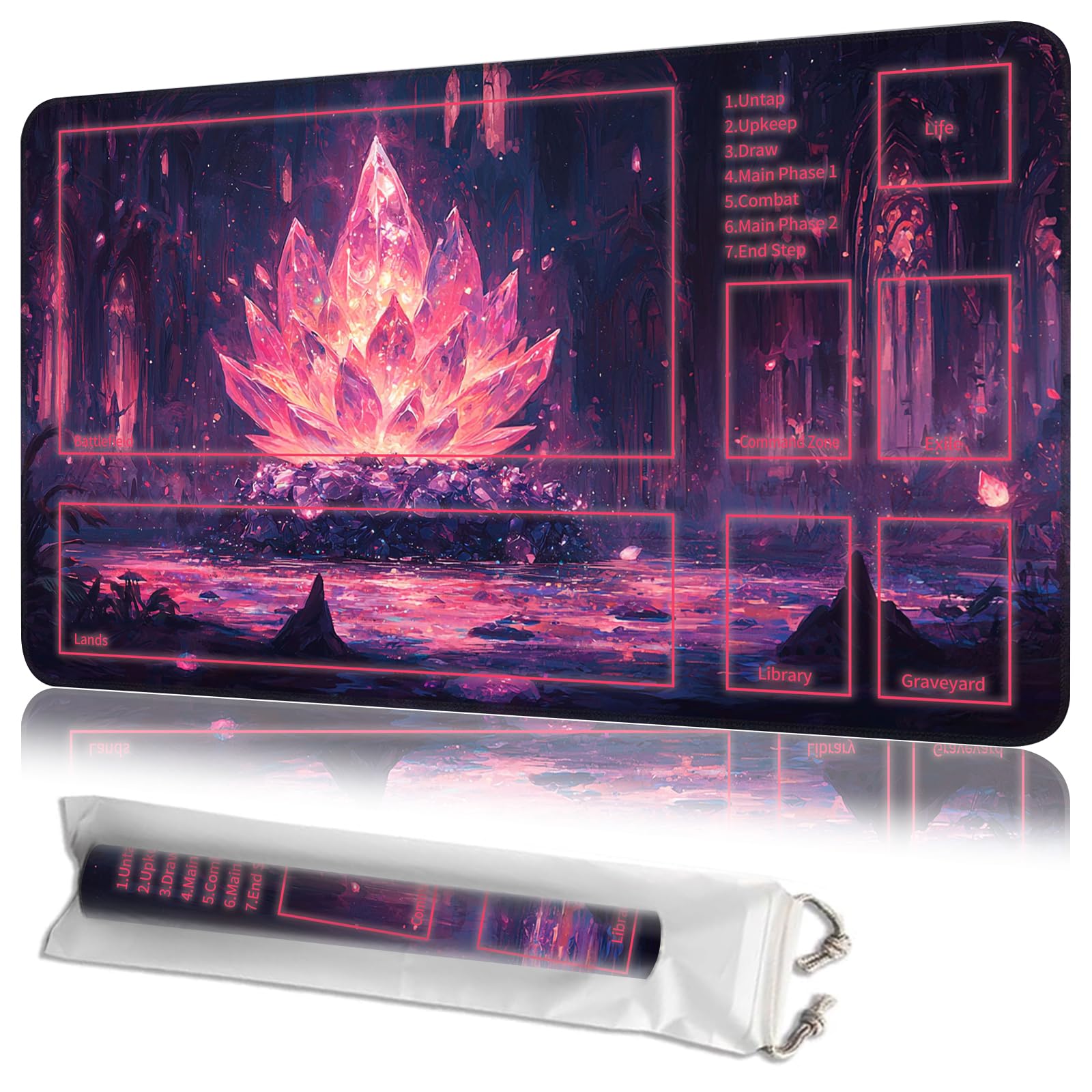 JANENFNA Playmat 24" x 14" with Magic Zones for MTG Card Game Playing, Board Game Mat for Card Breaking Commander Deck Gaming Card Game Battles Mat with Storage Bags, Mysterious Crystal Lotus — image 1