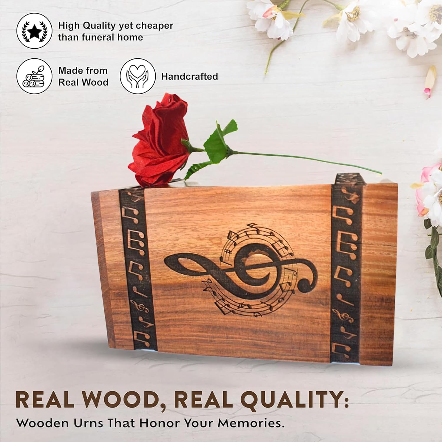 Elegant Wooden Music Note Cremation Urn Box - Personalized Memorial Keepsake for Ashes, Handcrafted with Musical Symbol Design