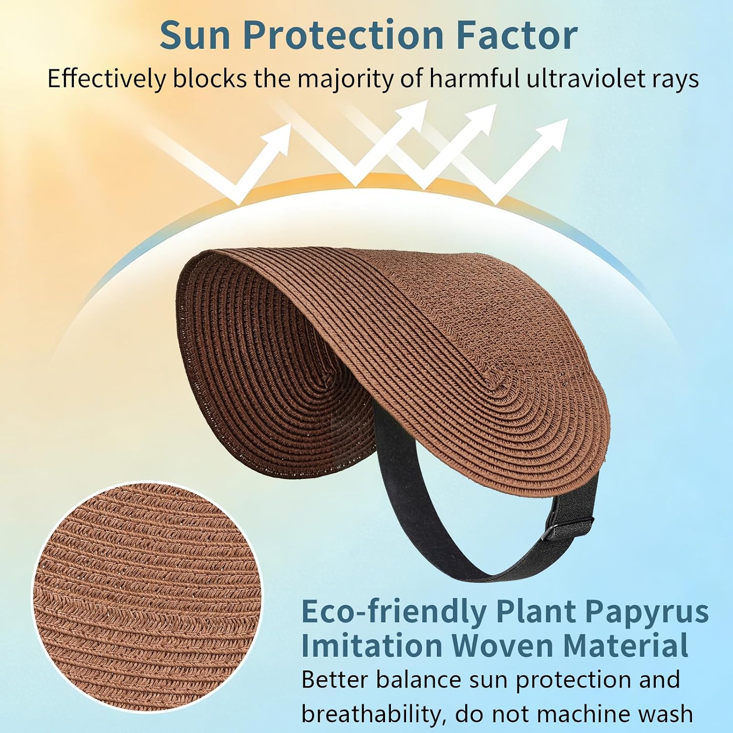 Sukeen Straw Visors for Women Packable Beach Hat for Travel Vacation | Adjustable Eco-Friendly Papyrus Sun Visor with Sweatband, UV Protection Foldable Roll-up Beach Sun Hat for Summer