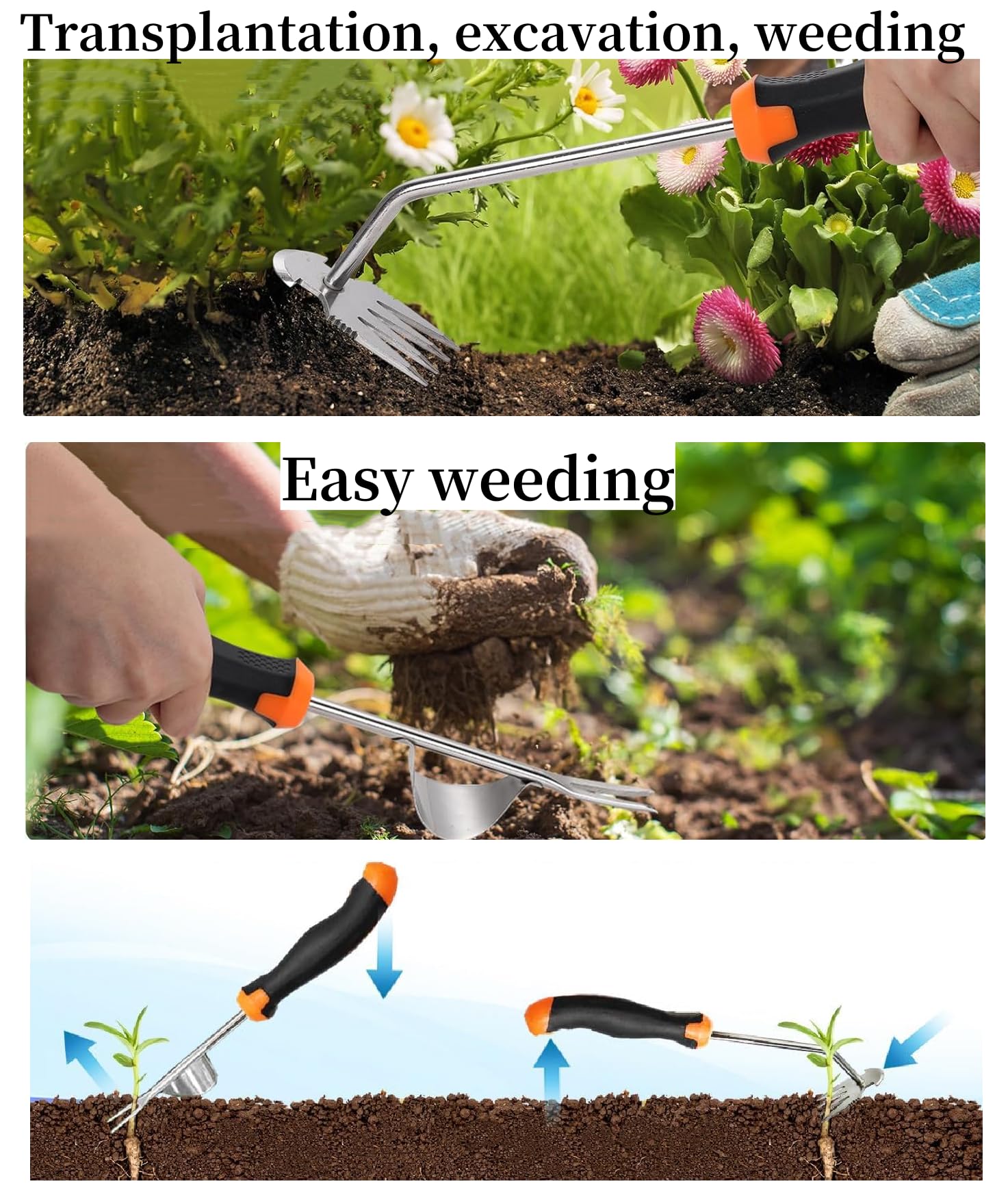 Unkrautentferner, Unkrautentferner, Edelstahl, Handjäter, 4 Zähne, Doppelzweck-Unkrautentferner, Unkrautentferner, Werkzeug für Gartenarbeit