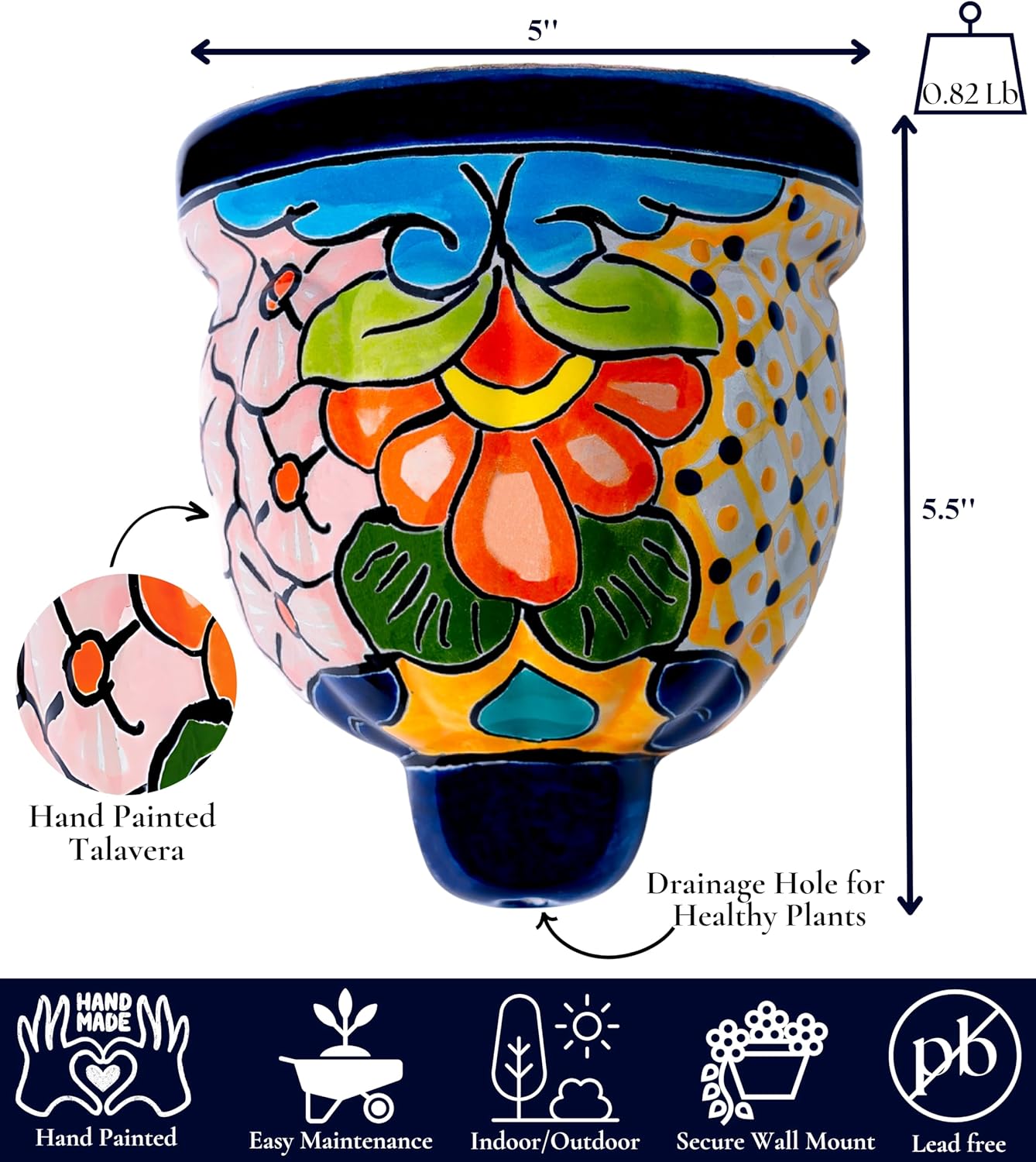 Mexican Pottery Planters - Wall Talavera Planter - Mexican Yard Pottery - Talavera Pots for Plants Indoor & Outdoor – 5" W x 5.5" H (Cobalt Blue-Small)