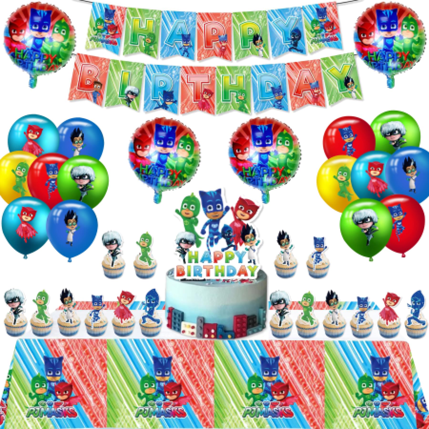 Pj-Masks Birthday Party Decorations, Birthday supplies, Happy Birthday Banner, Table Cover, Cupcake Toppers, Cake Topper, Foil Balloons, Latex Balloons.