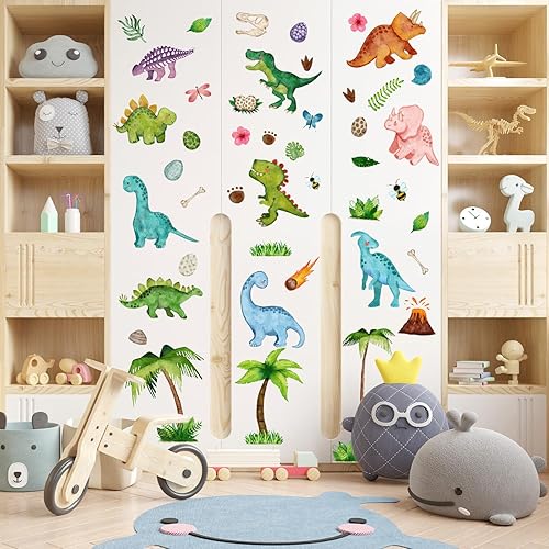 Miniatura 6 de AnyDesign - Calcomanías de pared de dinosaurio jurásico, acuarela, calcomanías de arte de dinosaurios jurásicos, calcomanías de mural de dibujos