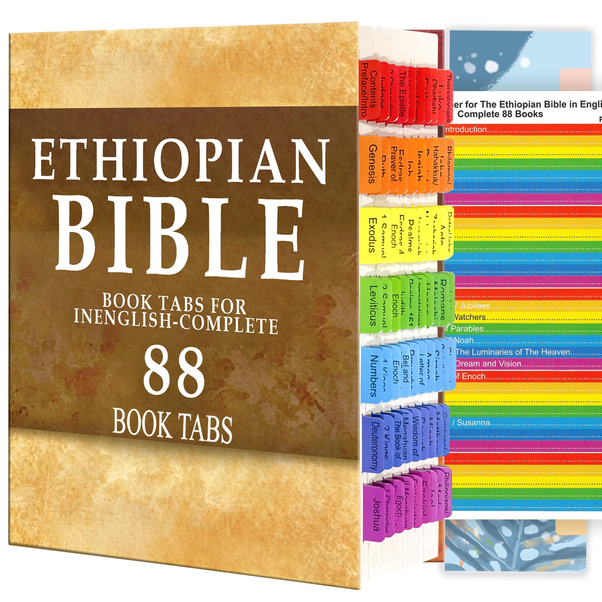Ethiopian Bible Tabs in English Complete with 88 Books. 72 Colour Coded Laminated Durable Tabs, 68 Books Ethiopian Bible Chapter Tabs, 1 Placement Guide