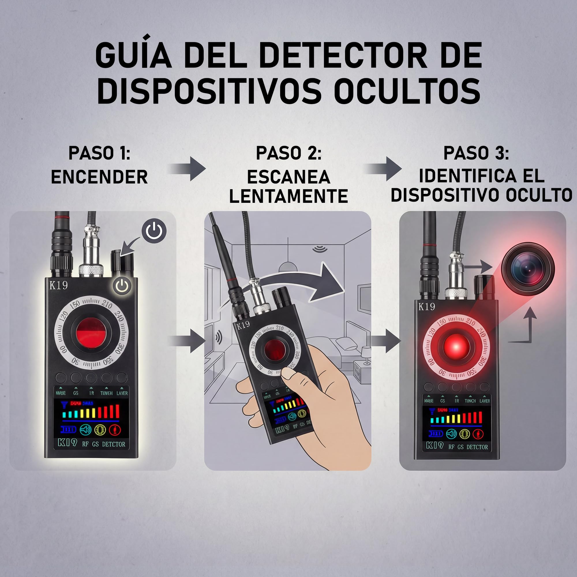 Detector Antiespía K19+ 2026, 7 en 1, Cámara, Micrófono, GPS + eBook Guía
