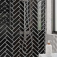 Vista 2 de Livelynine 16 azulejos negros para salpicaduras de cocina, despegar y pegar de 12 x 12 pulgadas, salpicaduras negras para cocina, arenque con parte