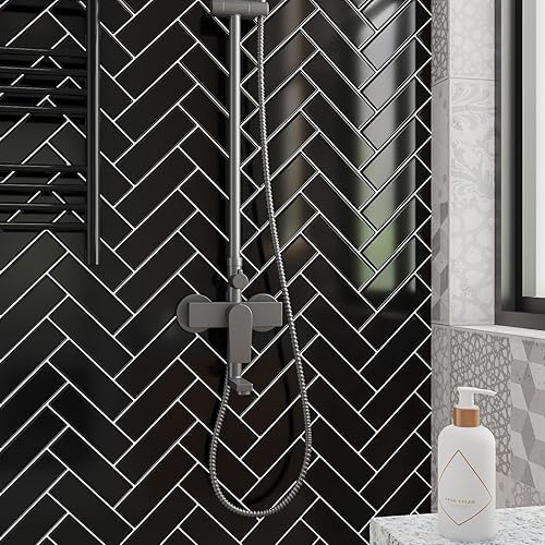 Miniatura 3 de Livelynine 16 azulejos negros para salpicaduras de cocina, despegar y pegar, 12 x 12 pulgadas, salpicaduras traseras para cocina, arenque en la