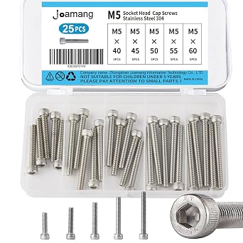 M5 x 40mm 45mm 50mm 55mm 60mm Socket Head Cap Screws Bolts, Stainless Steel 304, Metric Allen Hex Drive, Bright Finish, Fully Threaded, Assortment Kit 25PCS