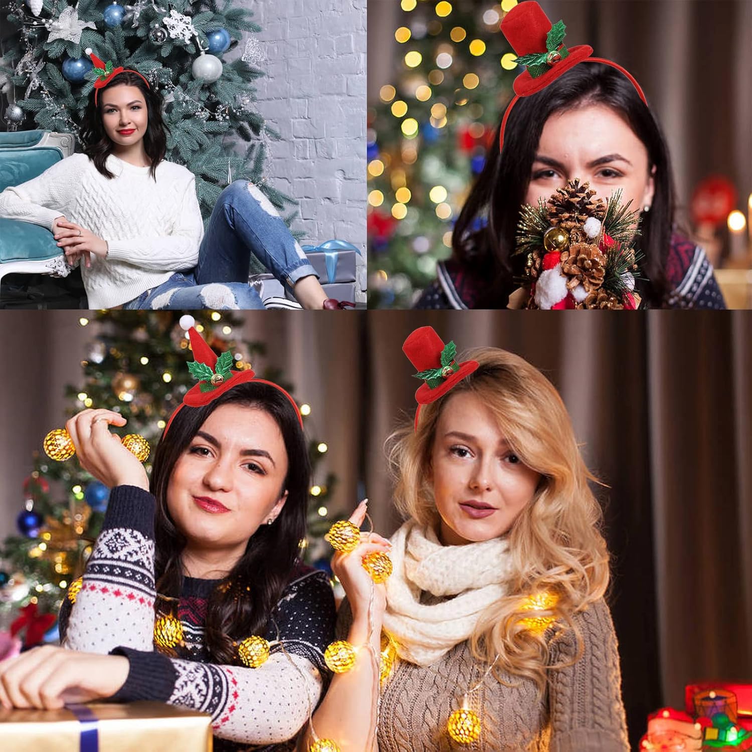 2 Pack Christmas Mini Top Hat Headband Red for Gril Women Crazy Hat Day