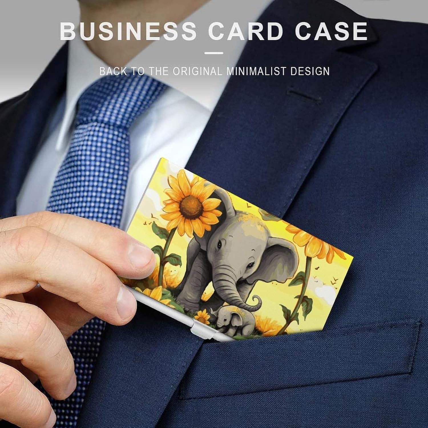 MUSM Aluminum Alloy Mother And Baby Elephant Sunflowers Business Card Holder Flip Cover Slim Metal Card Case for Men Women Professional Pocket Name Card Holder for Work Office Business Gifts