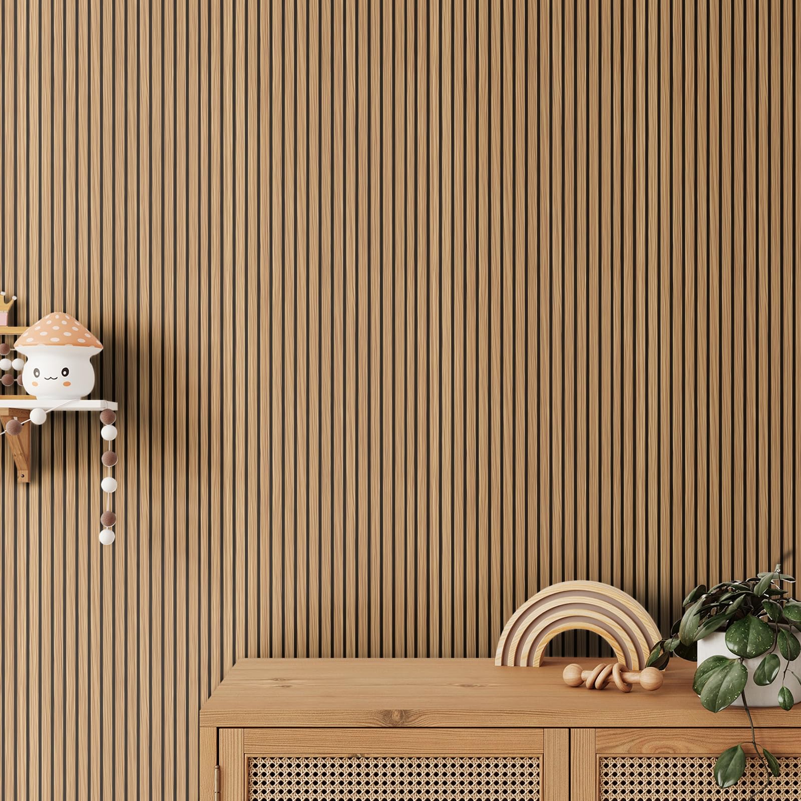 Papel pintado autoadhesivo a rayas verticales con efecto madera y rejilla para muebles de salón