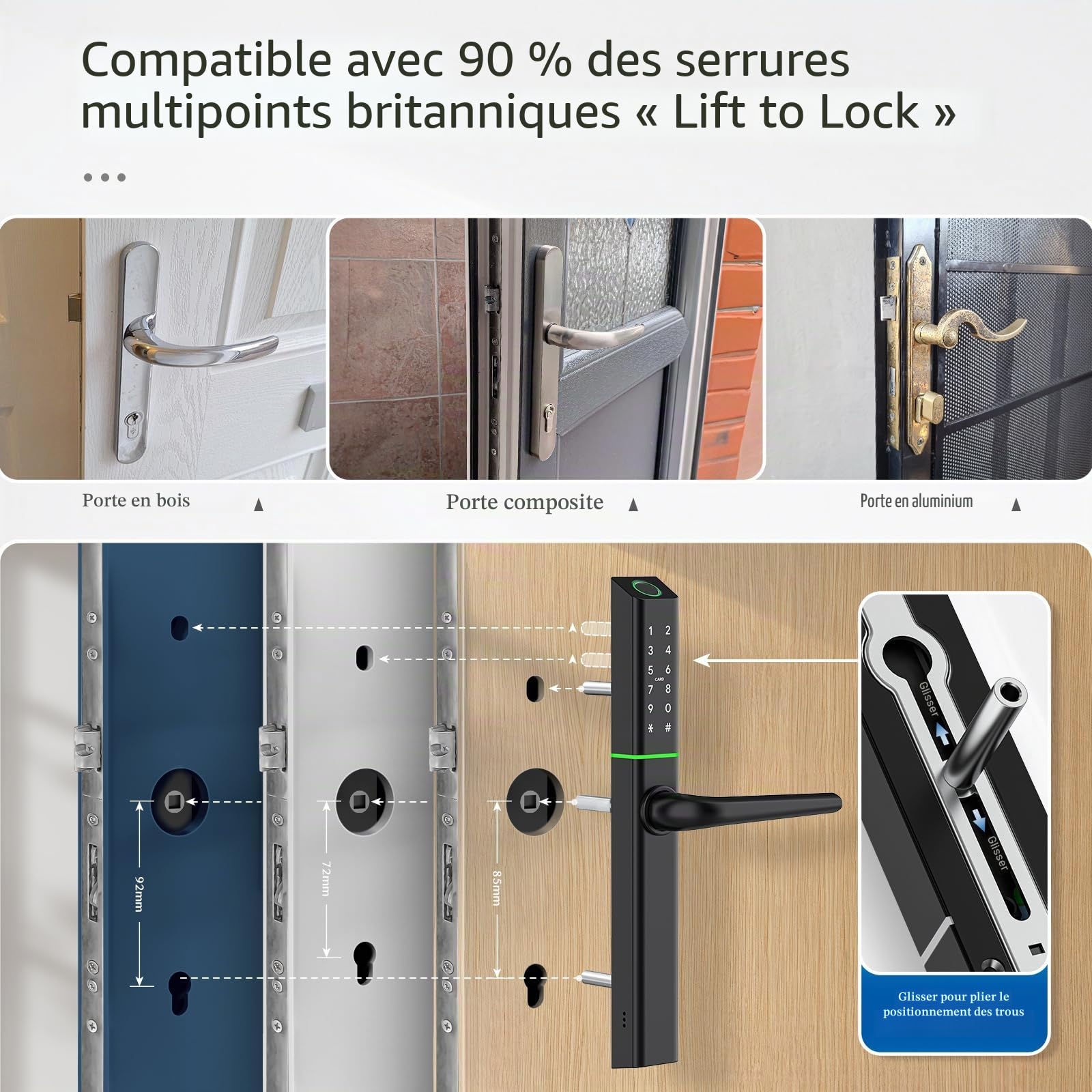 Ruveno Serrure de porte intelligente résistante aux intempéries avec poignée : entrée sans clé par empreinte digitale - serrure de porte à code numérique pour porte en aluminium et en bois - verrou