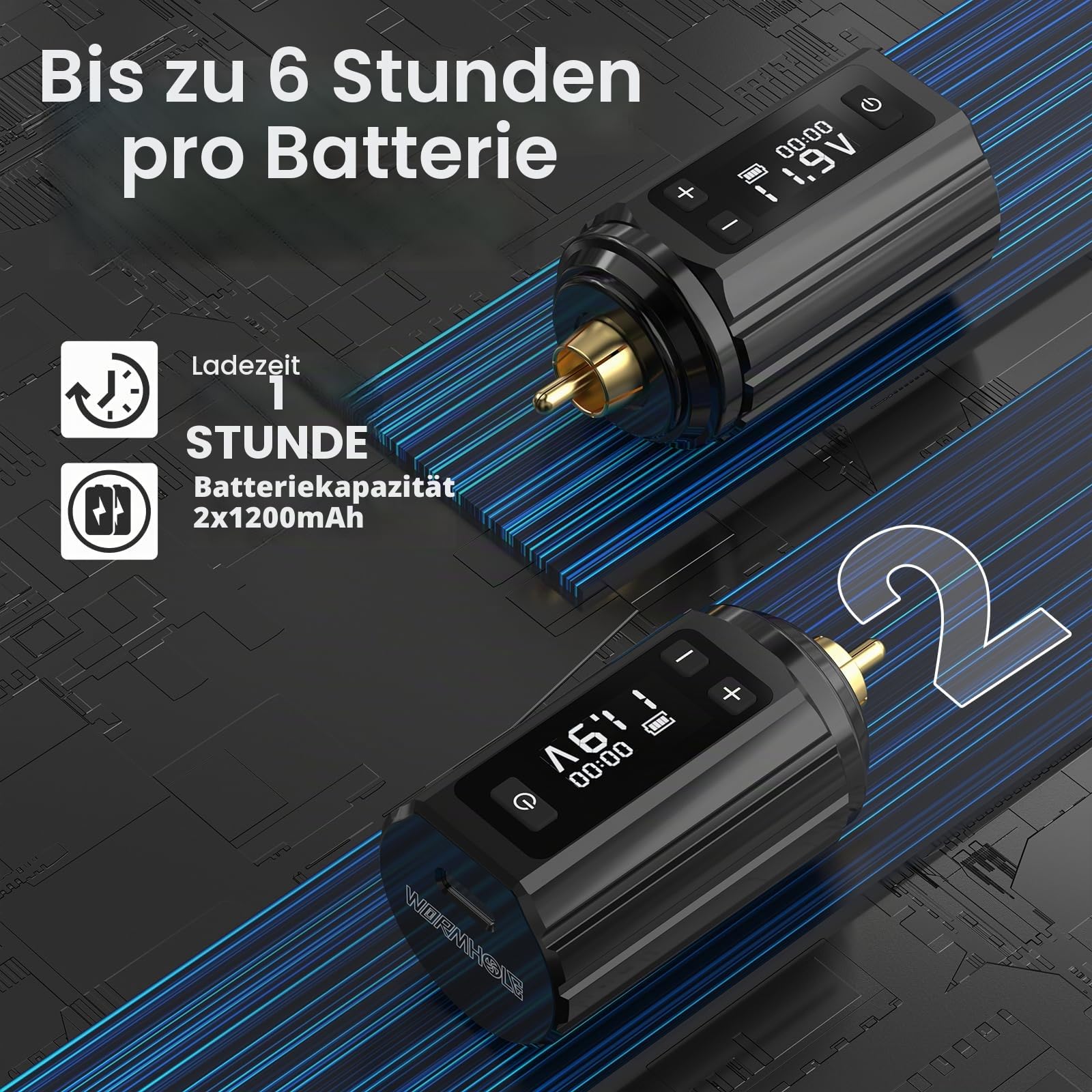 Wormhole Tattoo Maschine Set mit 2 x 1200 mAh Akku, 20 Stück Tattoo Nadeln, 10 tattoo inkster – Drahtlose Tattoo Stifte für Lining und Shading – Ideal für Profis und Einsteiger | 2 Tattoo-Batterien mit 1.200 mAh Kapazität, 20 Patronennadeln mit Fingerleis