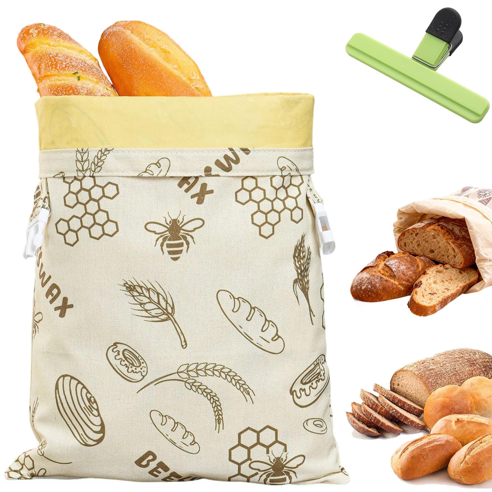 Qosigote D Beeswax Brea Bag, Reusable Cotton Bees Wax Brea Bag With Zip Closure, For 3X Longer Freshness, For Baguettes, Fruit An Vegetables (D)