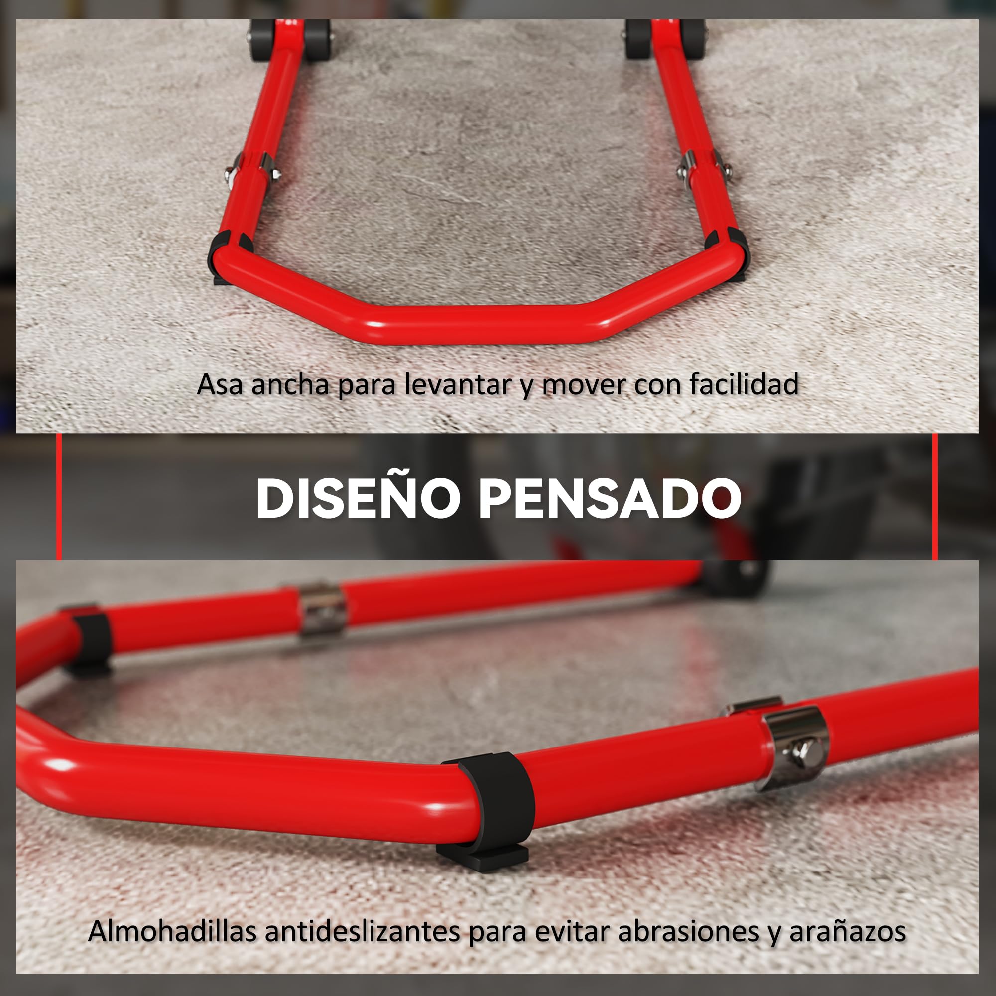 HOMCOM Caballete Moto Elevador Universal Carga 390 kg Soporte Rueda Delantera y Trasera Motocicleta Convertible con Adaptadores de Horquillas en U y L Ajustables y Ruedas para Reparación Mantenimiento