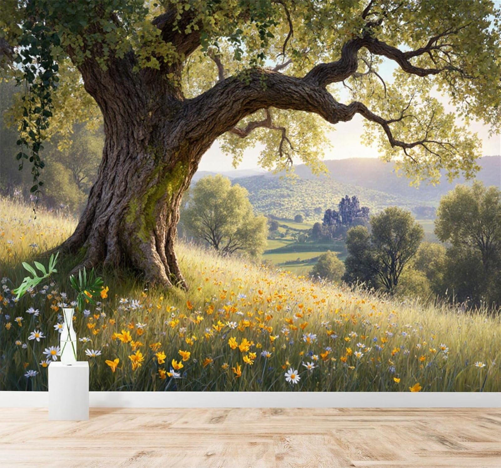 XLMING Meadow Large Tree Wildflowers Hills View of A Castle in The Distance 3D Wallpaper Premium Textured Silk Study Dining Living Room Bedroom Sofa TV Wall Easy Install-250cm×170cm