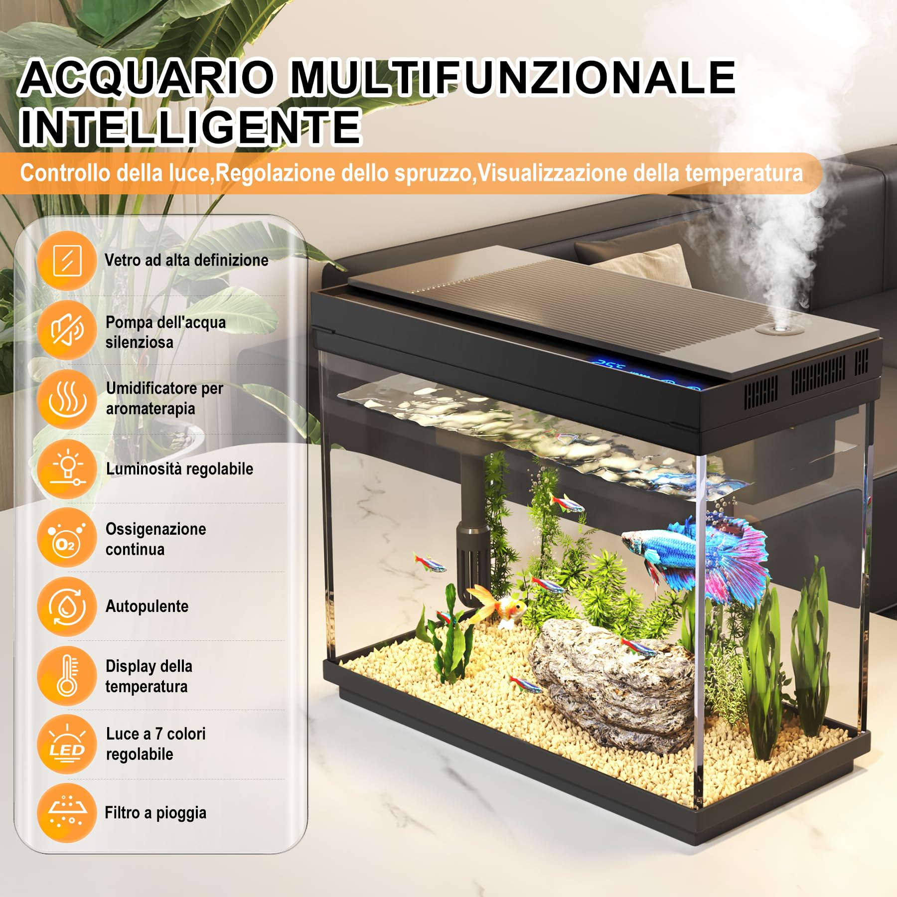 Vehipa Acquario Completo, Acquario per Pesci Rossi da 9L con Umidificatore Intelligente, Display della Temperatura, Vetro Ultra Chiaro, Pompa Silenziosa 3 in 1, Illuminazione a 7 Colori