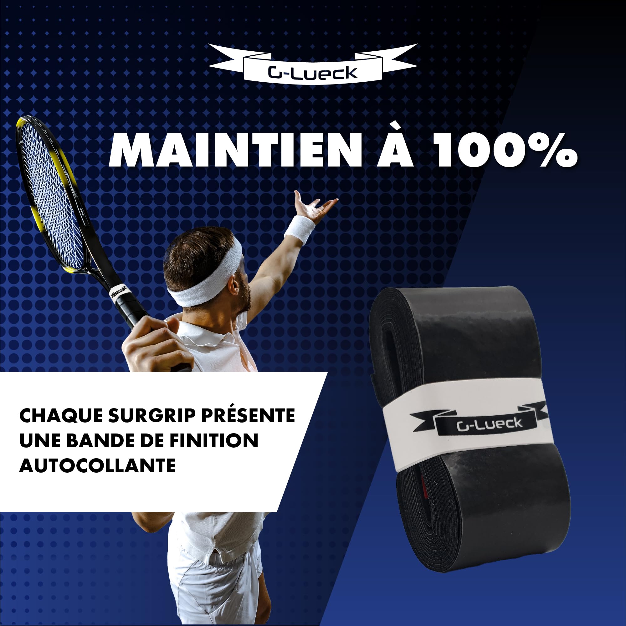 G-Lueck Lot de 3 surgrip Tennis Power Touch Overgrip (très adhérent et Durable) - 0,60 mm d'épaisseur - pour Padel, Badminton, Squash - avec Bande de Finition autocollante - Antidérapantes