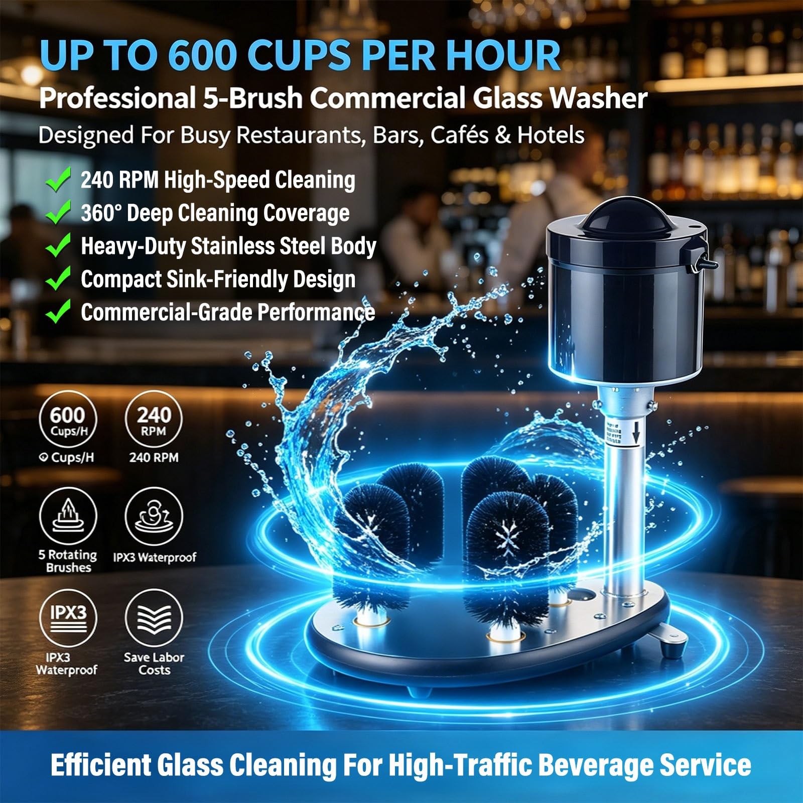 Limpiador De Vasos Profesional De Acero Inoxidable, Máquina Lavavasos Eléctrica Con 5 Cepillos Rotativos Para Bar, Cafetería, Hotel Y Cocina Comercial