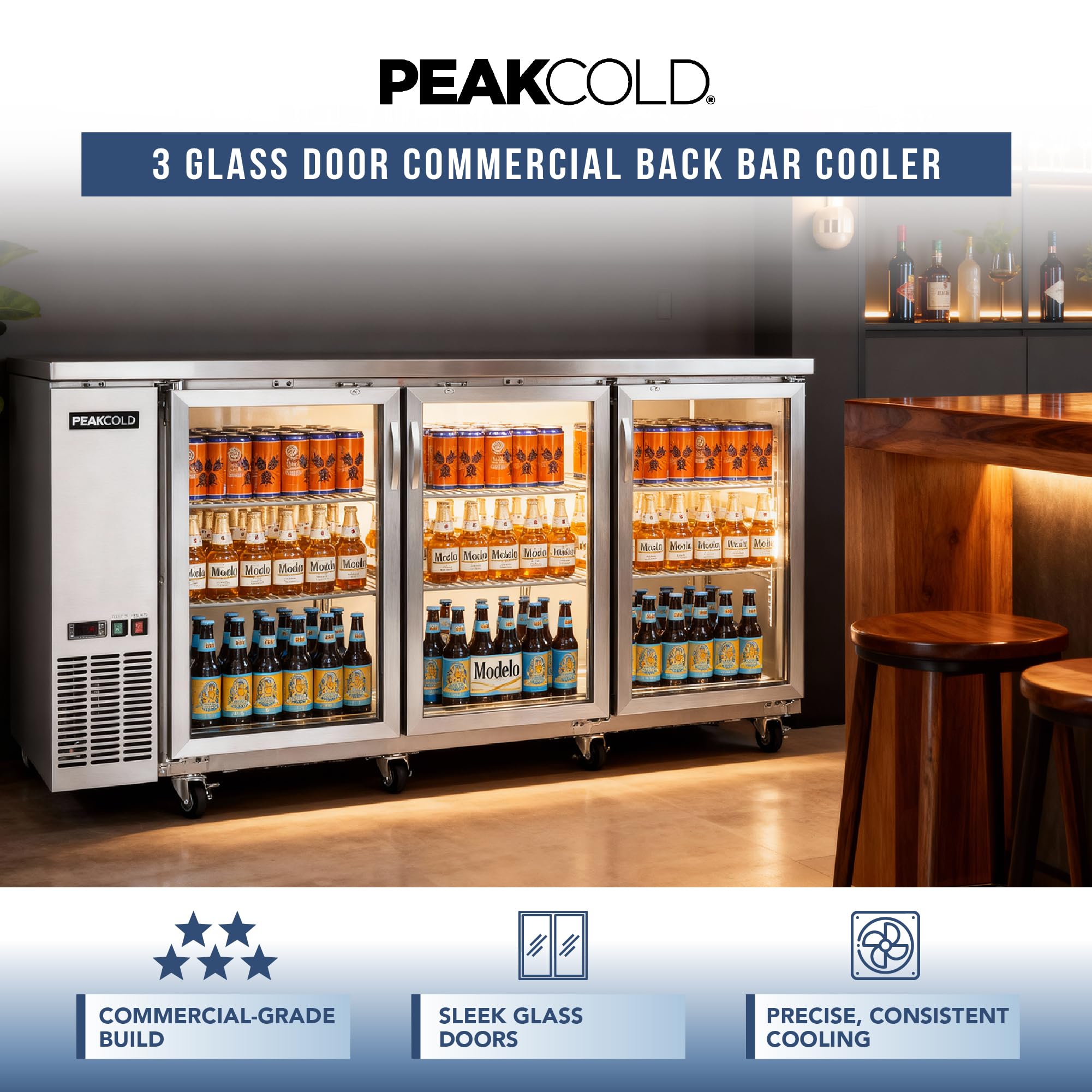 Peakcold 3-Door Counter Height Beverage Refrigerator - 73" Wide Energy Efficient Stainless Steel Beer Fridge With Glass Doors & White LED Lighting - Commercial Back Bar Cooler on Fridge.com - View 2