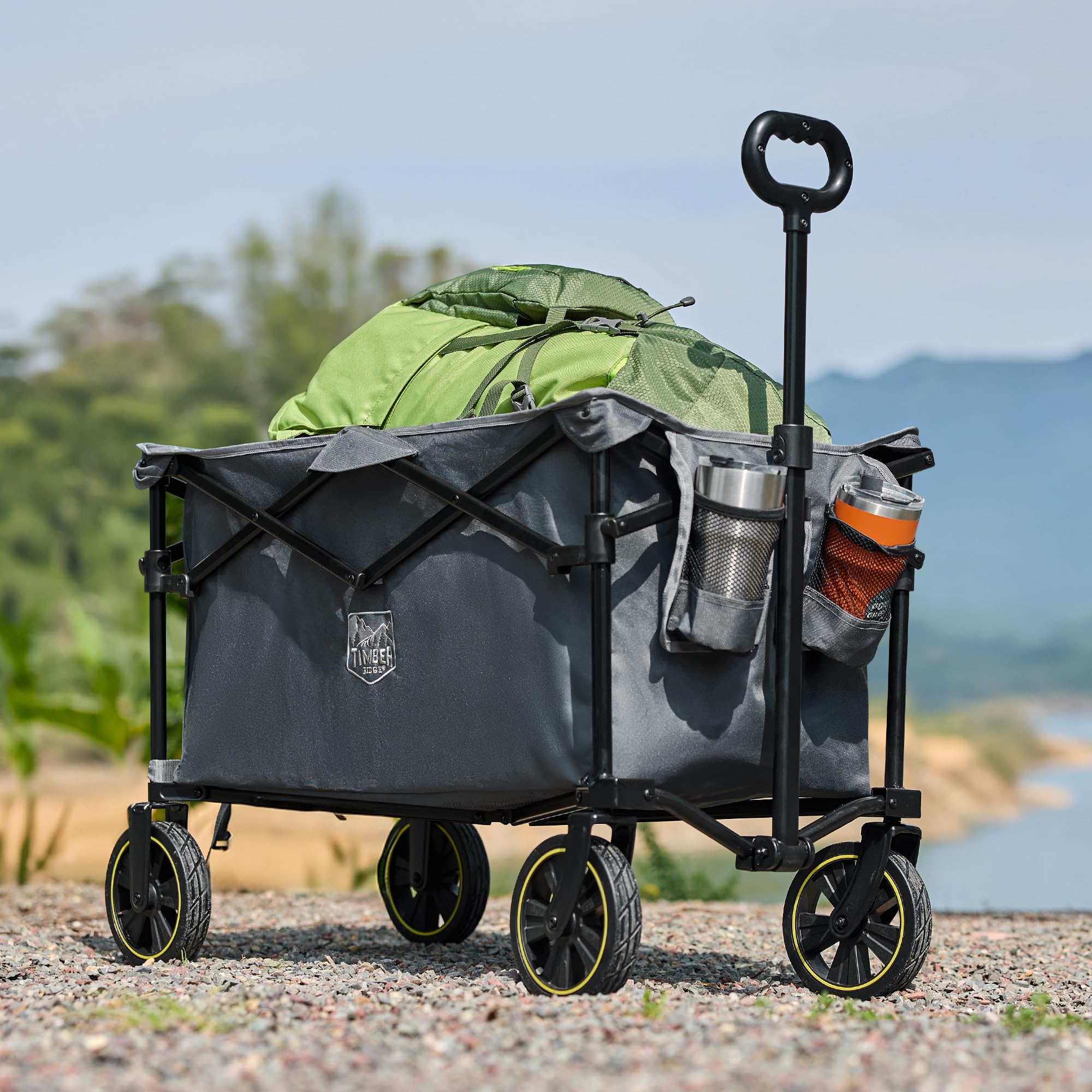 TIMBER RIDGE Carro Camping Plegable 200L con Portavasos Mango Ajustable Carro de Jardín para Todos los Terrenos Al Aire Libre Camping Compras Pesca Carga MAX 150kg
