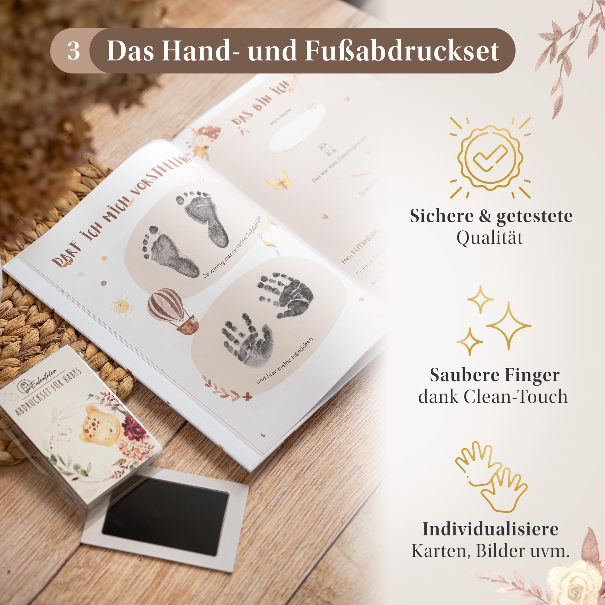 EULENTALER® 3in1 Babyalbum Set: Babytagebuch „Mein erstes Jahr“ + Meilensteinkarten + Abdruckset + Box - Geschenk zur Geburt für Junge & Mädchen
