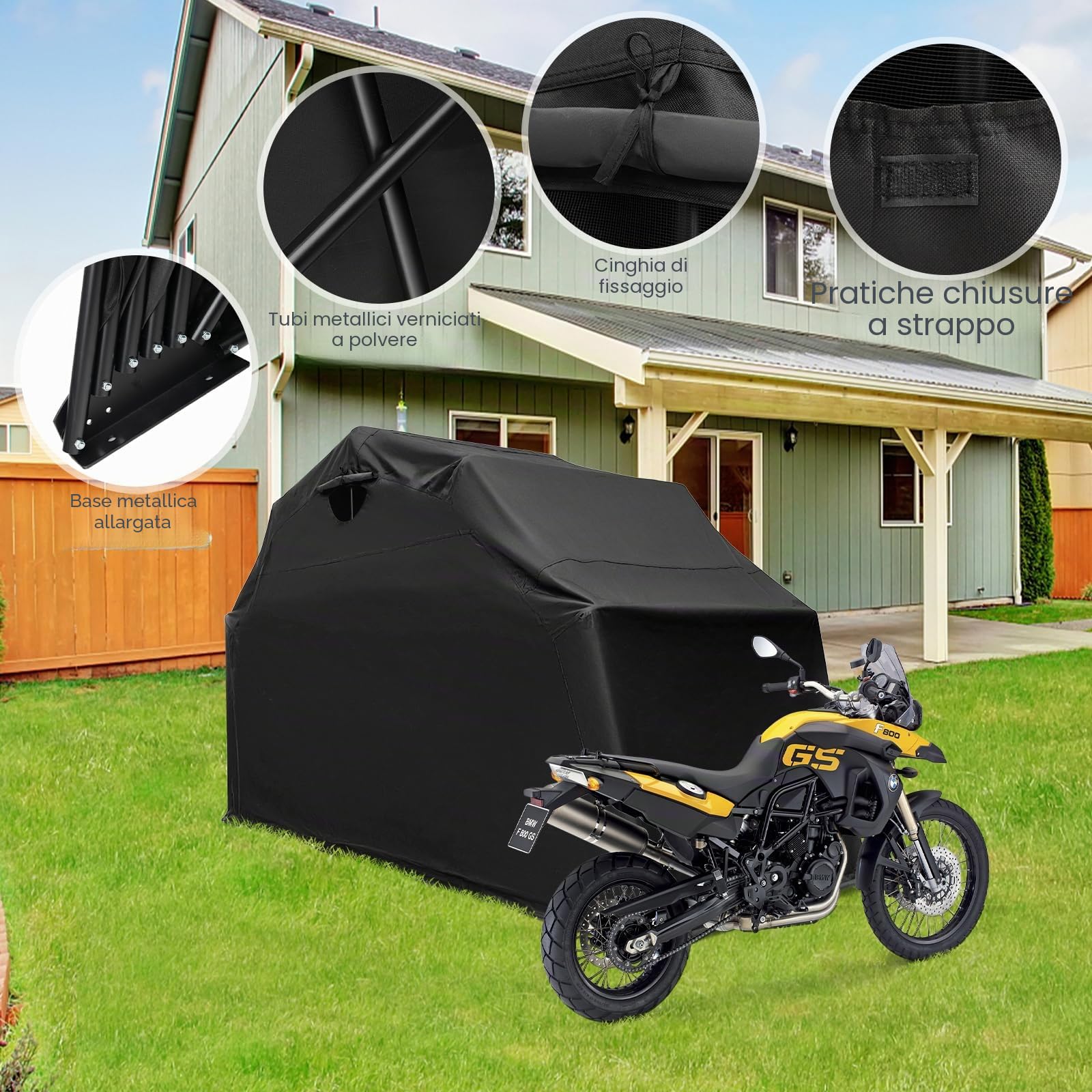 SOARS Casetta da giardino 342 x 137 x 193 cm, copertura per moto da esterno in tessuto Oxford impermeabile, base in metallo, costruzione stabile, finestra arrotolabile, per moto, bicicletta, giardino