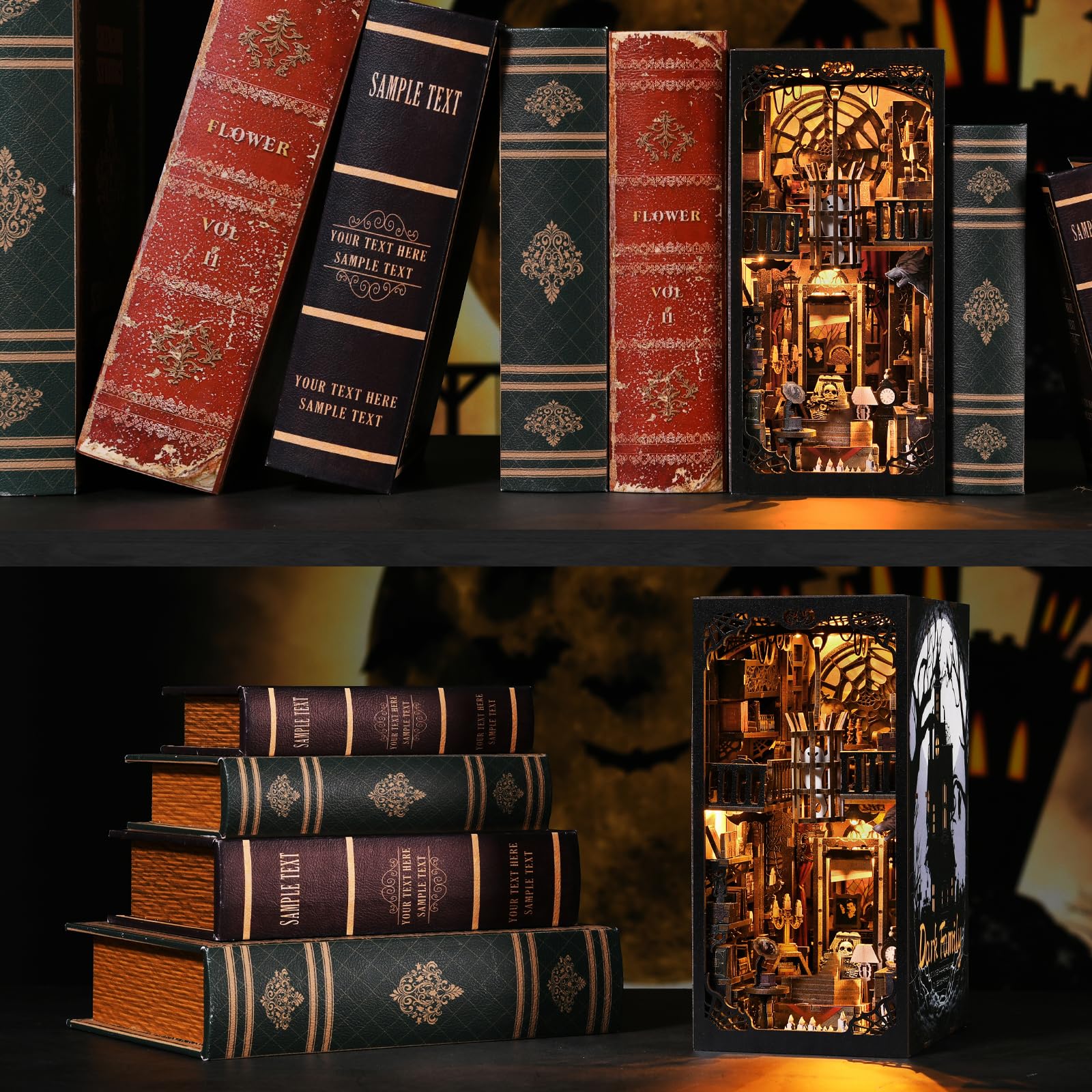 DIY Book Nook Kit, Maison de Poupées Miniatures en Bois,Maisons a Construire avec Meubles et lumière LED, Booknook Miniature House Cadeau de Bricolage pour Adultes - Famille Noire | Serre-livres coin de livre, maison de poupée miniature pour décoration d'