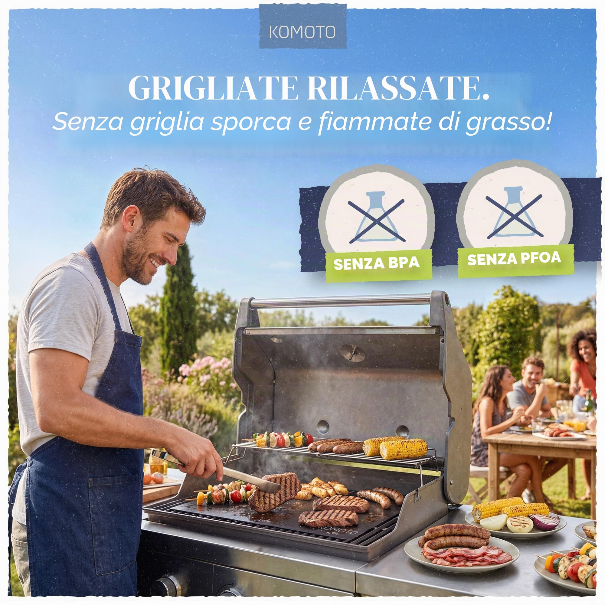 Premium Tappetino per Griglia Barbecue Set di 3 I Extra grande 50 x 40 cm forte griglia a gas & carbonella con rivestimento antiaderente Originale Komoto BBQ Grill