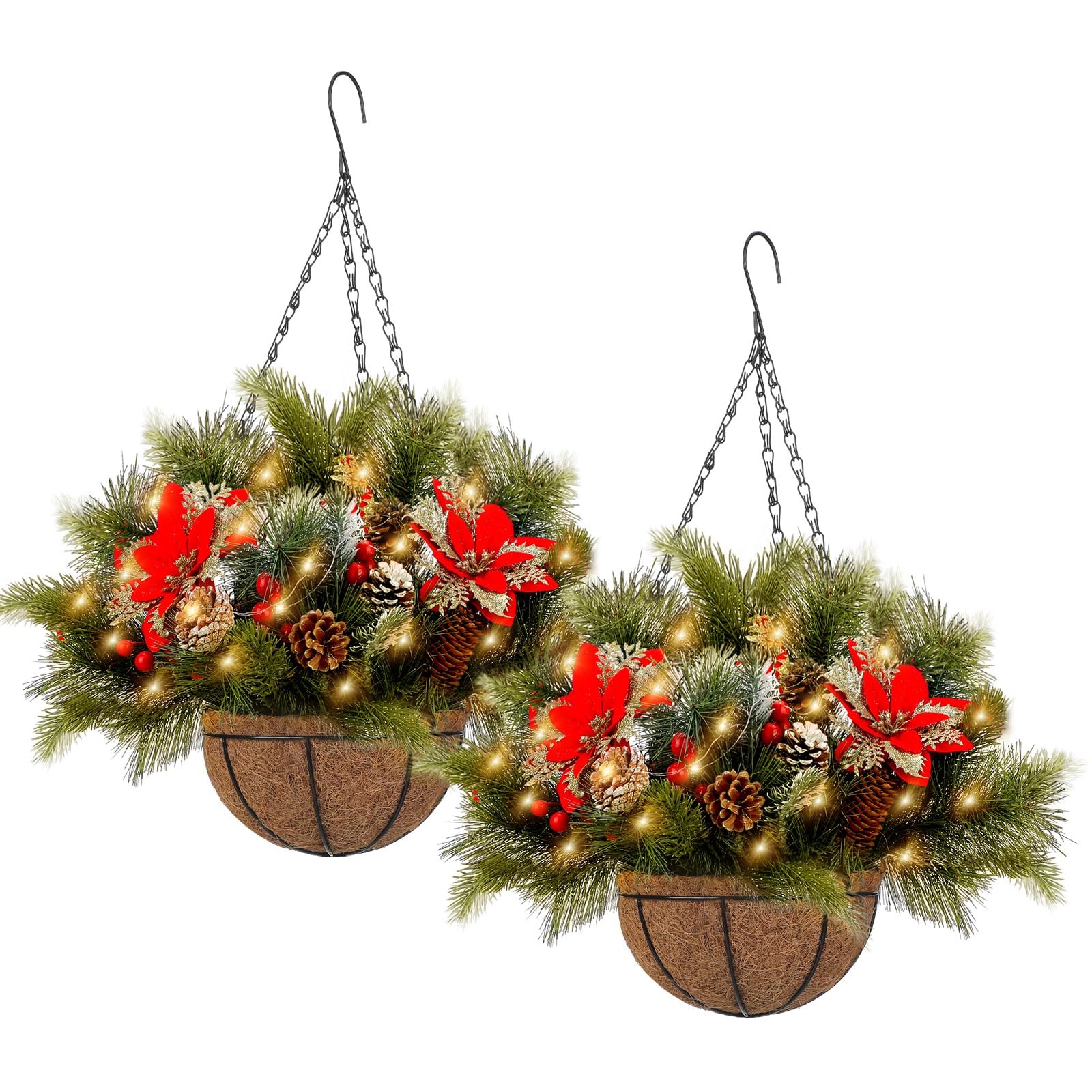 Riceshoot 2 Pcs Lighted Christmas Hanging Baskets for Front Porch Artificial Christmas Hanging Basket Decorated with Pine Cones Berry and Lights for Outdoor Garden Patio Christmas Holiday Decoration