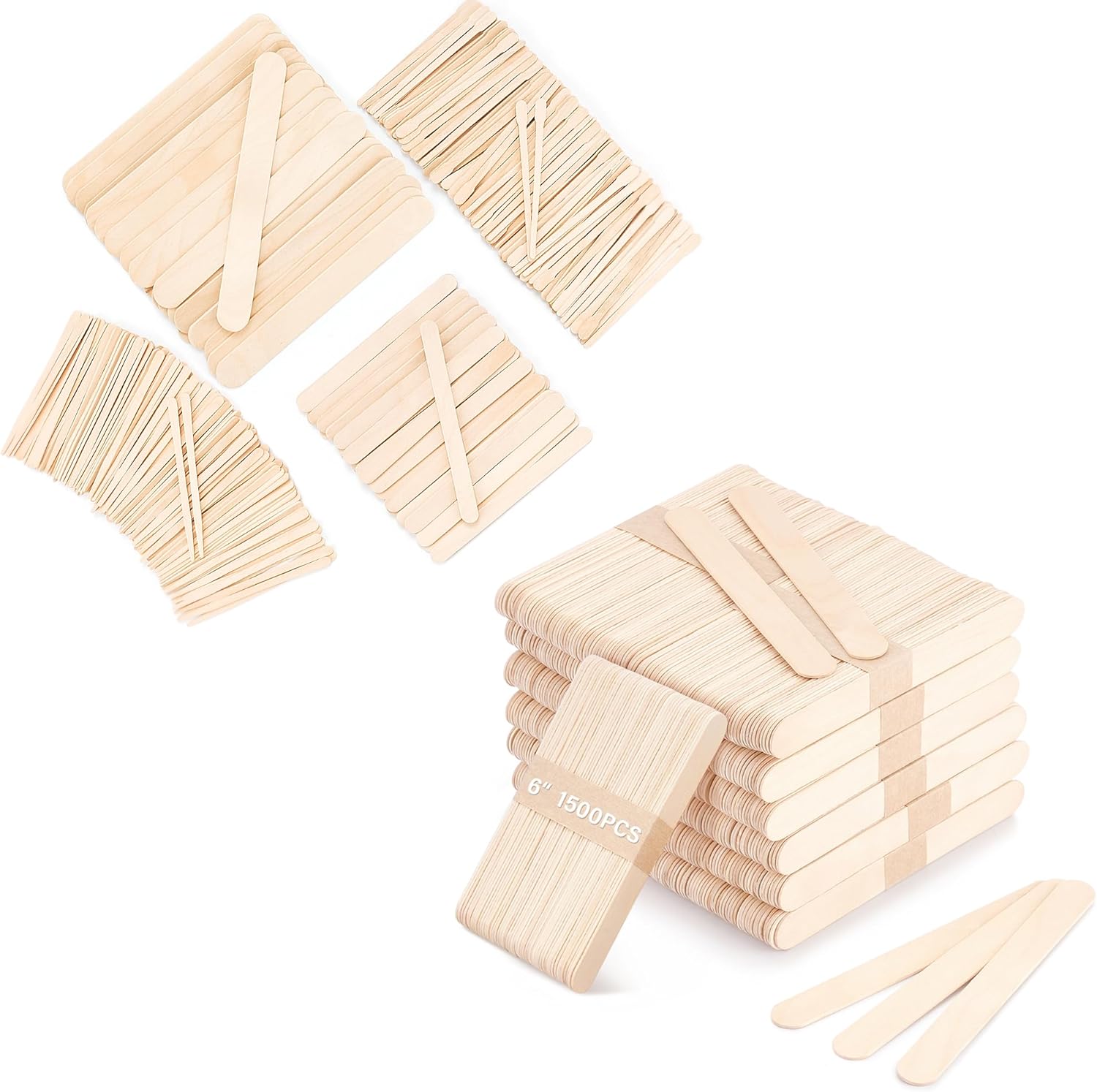 500 Pcs 4 Style Waxing Sticks and 1500 Pcs Wooden Wax Sticks 6-Inch Jumbo Wood Waxing Stick for Arts Crafts, Wavy Handles for Wedding Fans Body Hair Removal, Tongue Depressors and Craft Projects