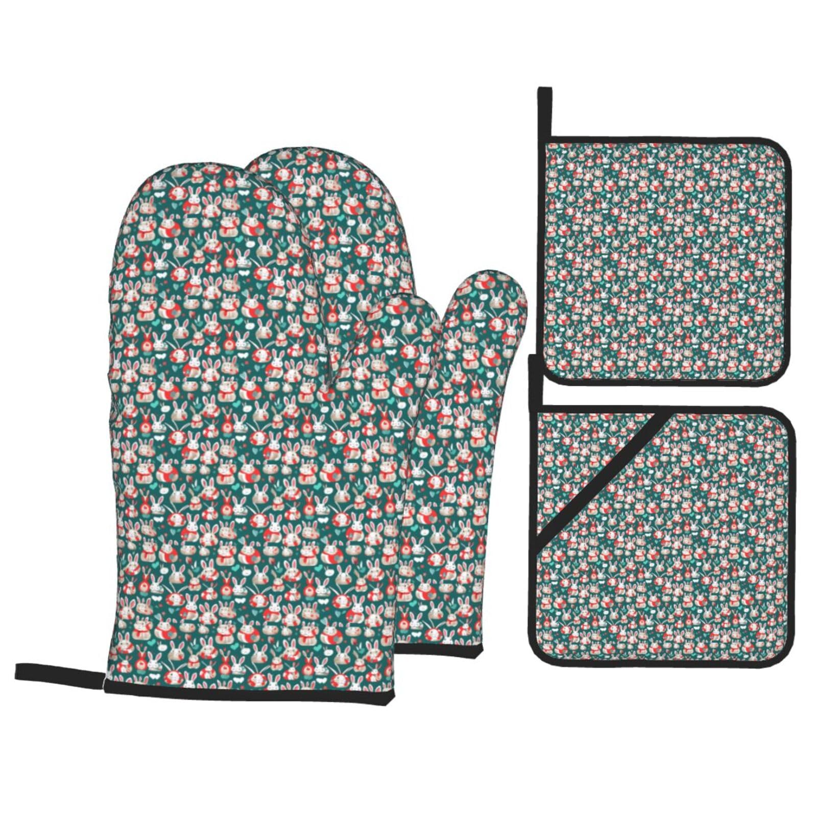 Bunny Rabbits Print 4-Piece Heat-Resistant Oven Waterproof Kitchen Gloves Cooking Roasting Essential