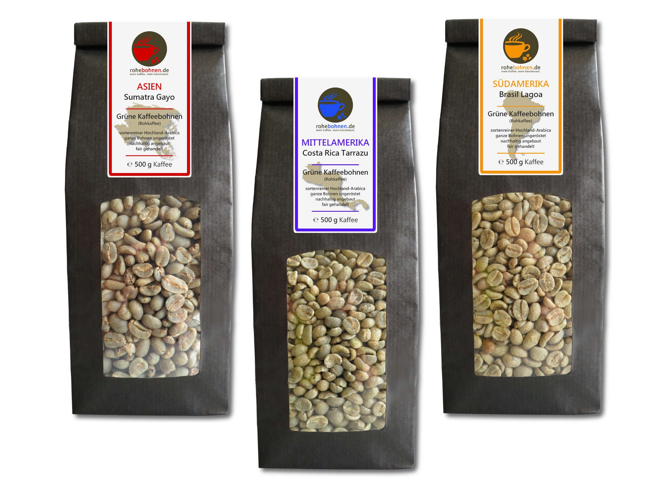 Café verde - Sumatra, Costa Rica, Brasil (paquete económico de granos de café verde, 3x 500 g)
