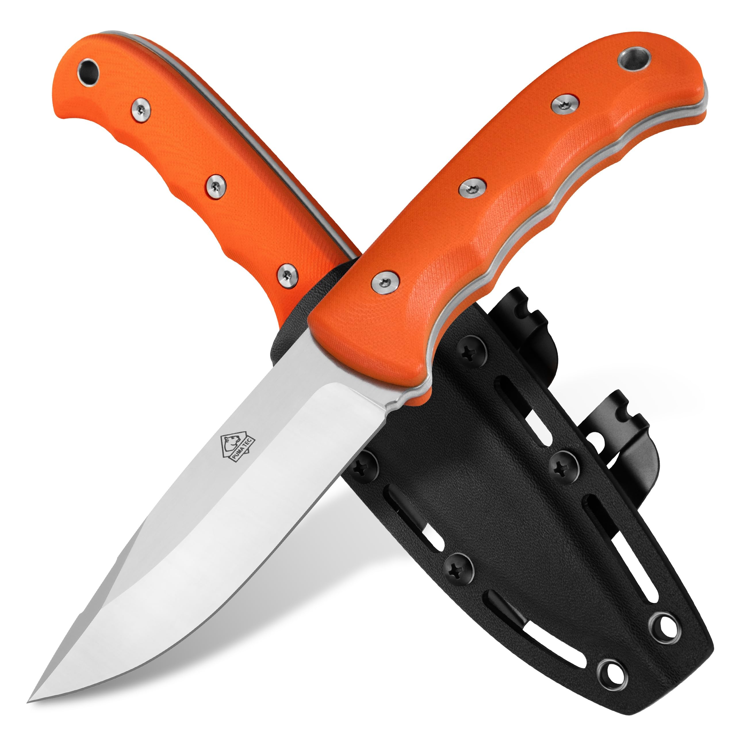 PUMA TEC – Survival D2 Knife – Orange – Feststehendes Full-Tang-Outdoormesser – D2-Stahl (60 HRC) mit edlem Satin-Finish & G10-Griff – inkl. passender Kydex-Scheide mit Steel-Clips