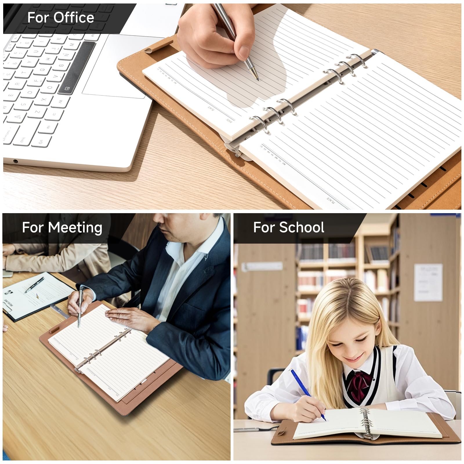 Cuaderno de rayas A5, cuaderno de tapas duras recargable de 6 anillas con soporte para bolígrafo, 100 hojas, bloc de notas, agenda, material de oficina