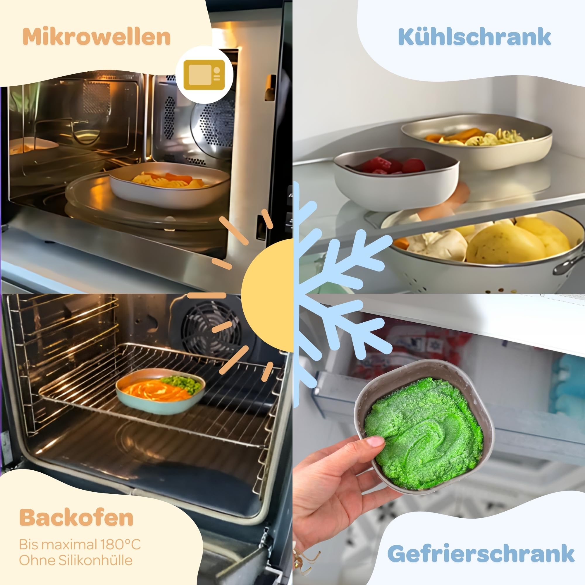 BÉABA Baby-Essensset Edelstahl 3-teilig – Glas + 2 Teller mit Silikonhülle, Mikrowellen- & Spülmaschinengeeignet, Leicht, Bruchsicher & Rutschfest – Farbe Barbapapa