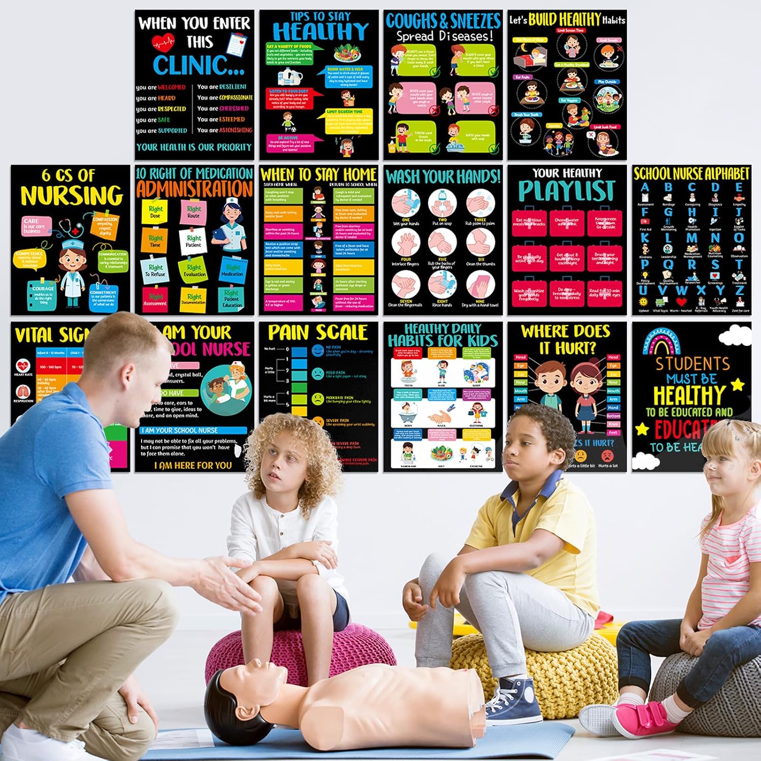 party greeting 16pcs Health Posters for School Nurse Office Bulletin Board Decorations 11x14 Inch Educational Medical Nurse Poster Classroom Decor for Kids Chalkboard Clinic Hospital Wall