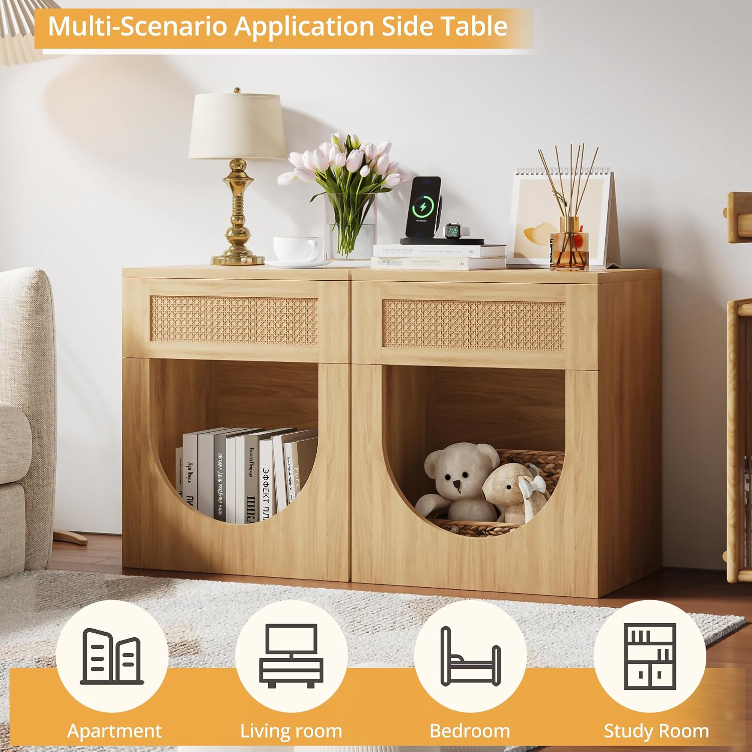 20" Cat Side Table, Wood Cat Nightstand with Rattan Drawer, Cat Table Rattan Nightstand with Arched Storage for Living Room, Bedroom and Apartment