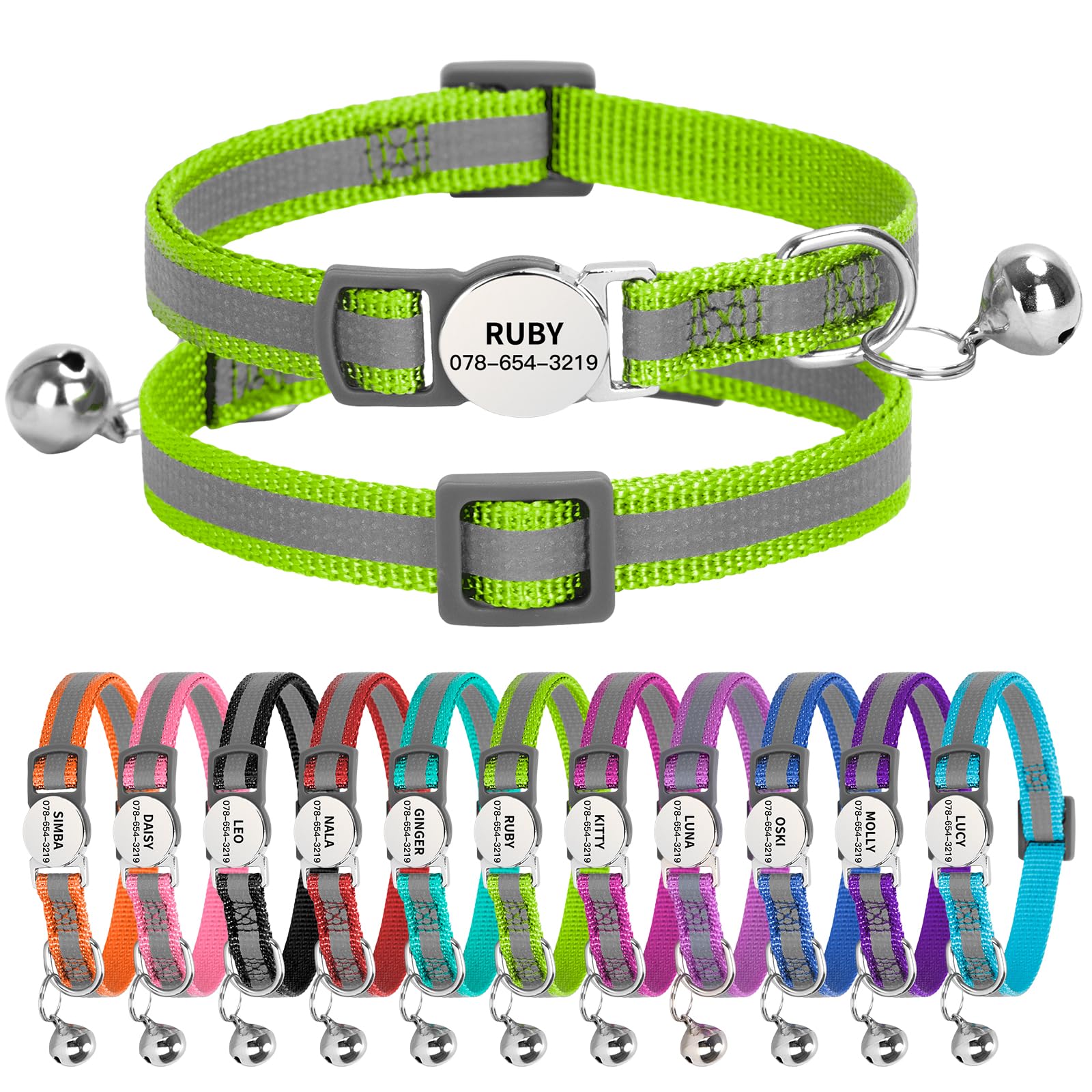 Personalised Reflective Cat Collar with Name Tag,Quick Release Kitten Collars with Bell Safety Buckle, Adjustable Nylon Cat Collar for Cats Kittens UK Prime (19–30 cm, Green Strip) — image 1