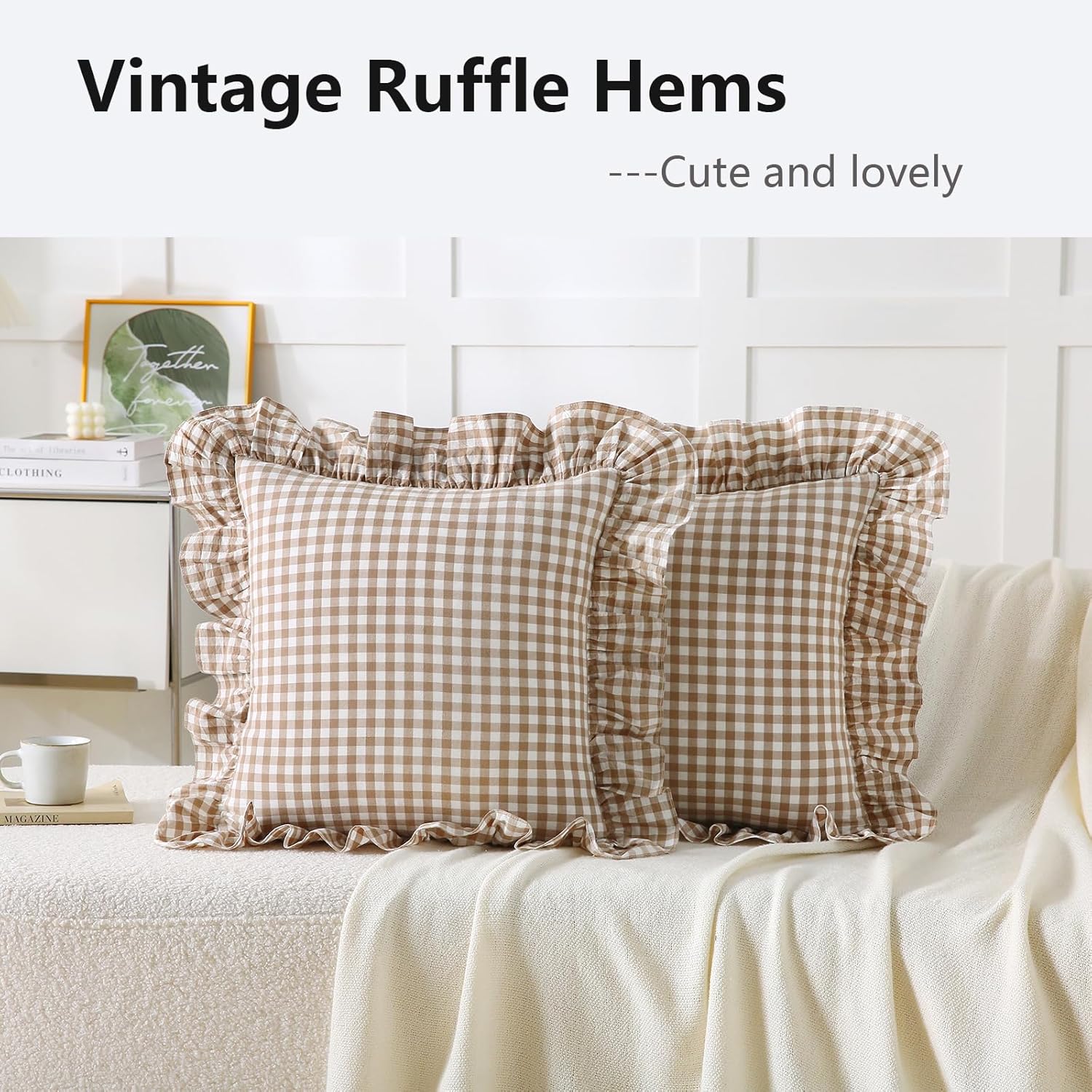 Aryeleay 2 Pack Taupe White Plaid Ruffle Throw Pillow Covers, 100% Cotton Gingham Checkered Farmhouse Decorative Pillow Shams for Bed/Sofa-18 x18