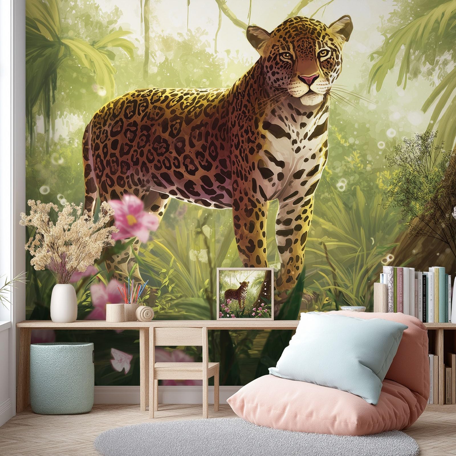 Generisch Tapete Vintage Tier - Leopard Blumen Muster- Vliestapete Wand Deko Mustertapete Modern Wandtapete Wanddeko - Motivtapeten - 350 x 256 cm