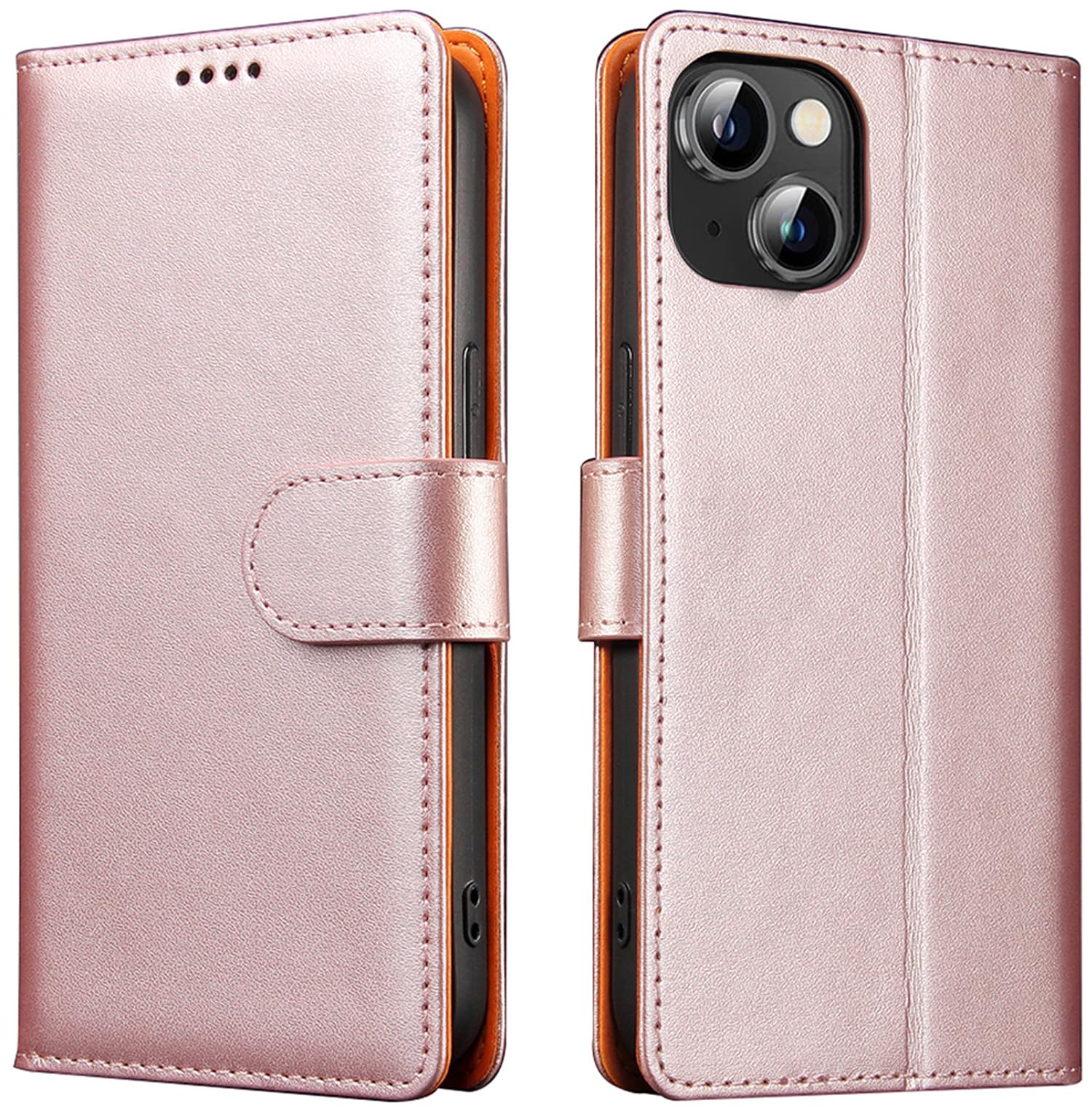 iWEOCO Compatible with iPhone 14 Case Wallet Genuine Leather with Anti-Theft RFID Blocking Kickstand Strong Magnetic Clasp Closure Cash Credit Card Slots Protective iPhone 14 Wallet Case (Rose Gold)