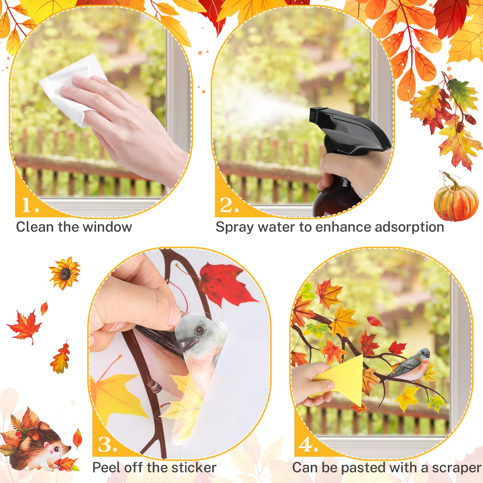 149 Adesivi Per Finestre Autunnali – Foglie, Zucca, Animaletti – Riutilizzabili – Decorazioni Ringraziamento - 3