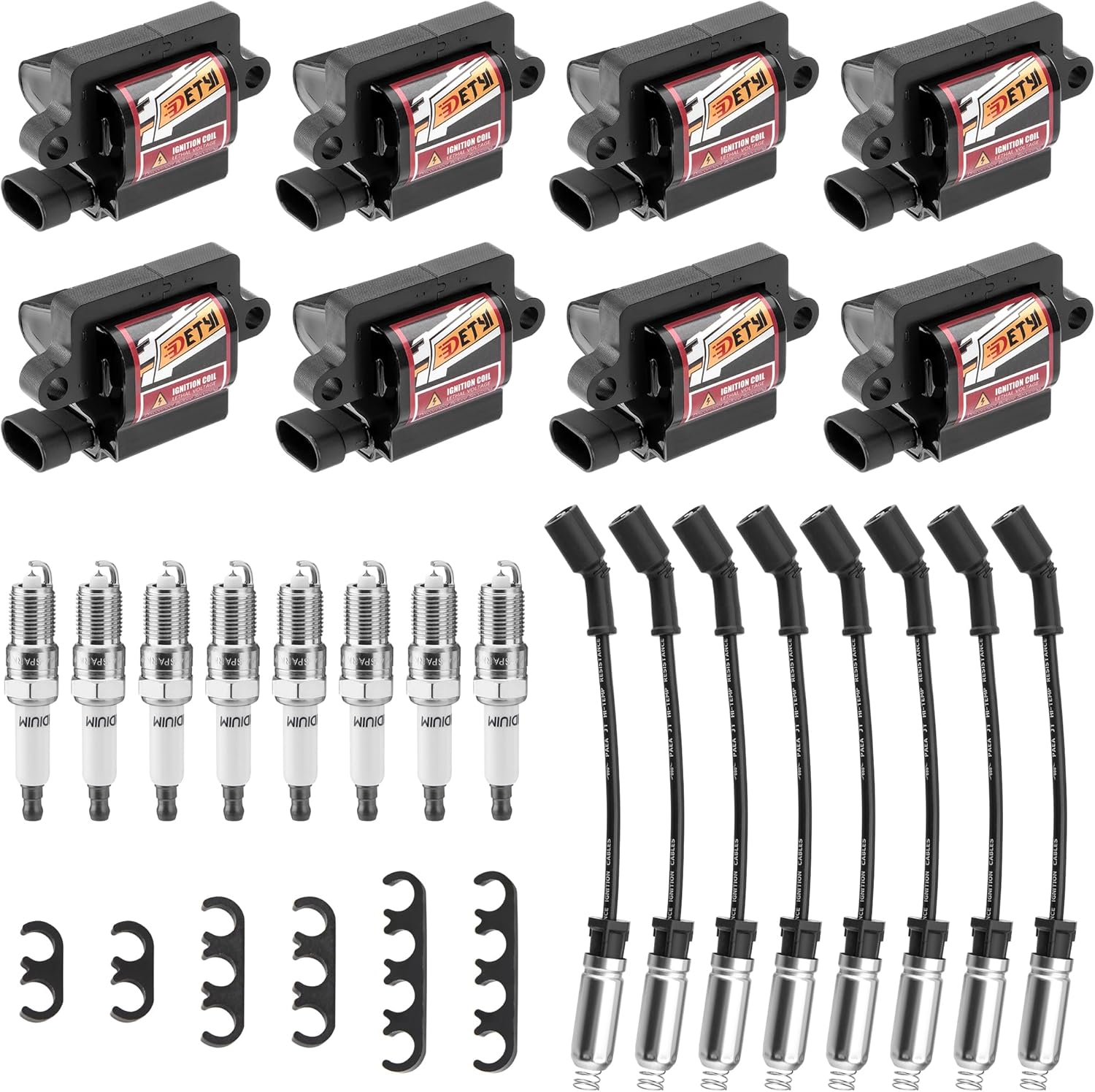 Set of 8 Square Ignition Coil Pack and Spark Plug Wire, UF271 Spark Plug and Coil Pack Kit Compatible with Chevy Silverado GMC Savana 1500 2500 3500, Sierra H2 4.8L 5.3L 6.0L, Replaces D581, C1208