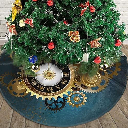 Miniatura 3 de Clocks and Golden Gears - Falda redonda para árbol de Navidad, adorno para árbol de Navidad, decoración de fiesta de árbol de Navidad de 48