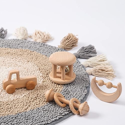 Miniatura 10 de Juguete de sonajero de madera orgánica del bebé Montessori Rattle Roller Waldorf inspirado agarrando juguetes para niños pequeños